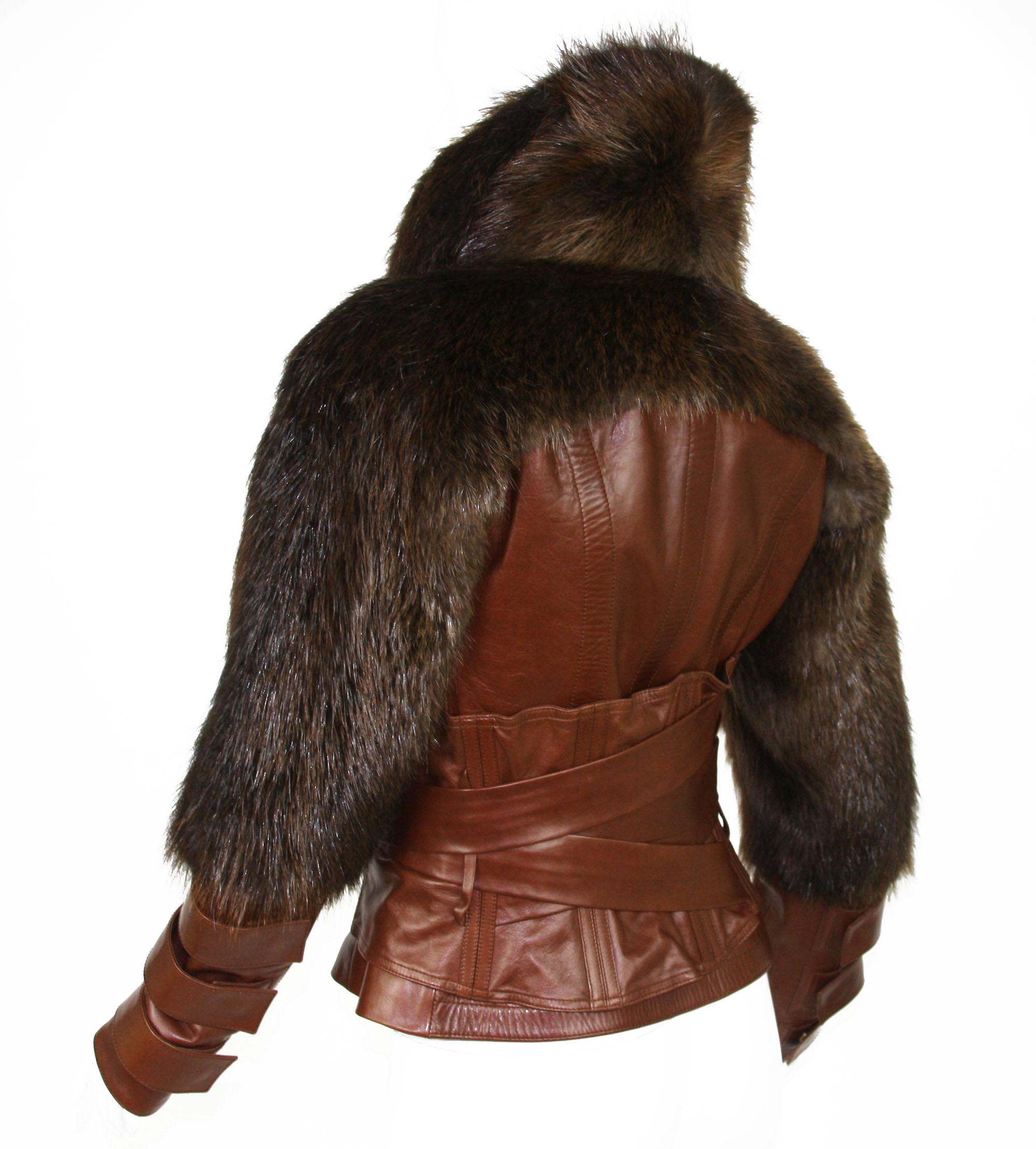 Tom Ford for Gucci F/W 2003 Cognac Color Leather Fur Corset Jacket  38 In Excellent Condition For Sale In Montgomery, TX