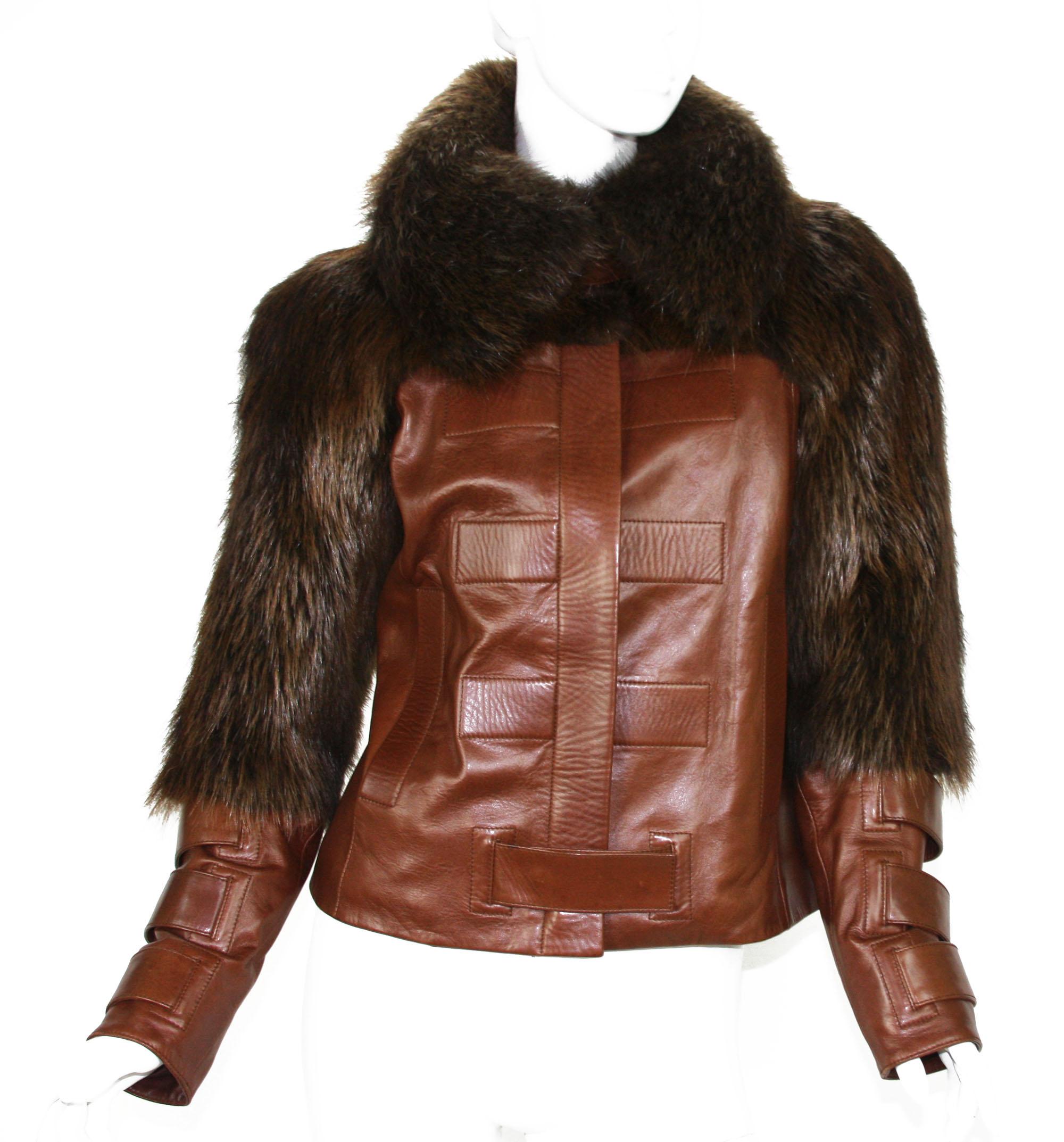 Women's Tom Ford for Gucci F/W 2003 Cognac Color Leather Fur Corset Jacket  38 For Sale