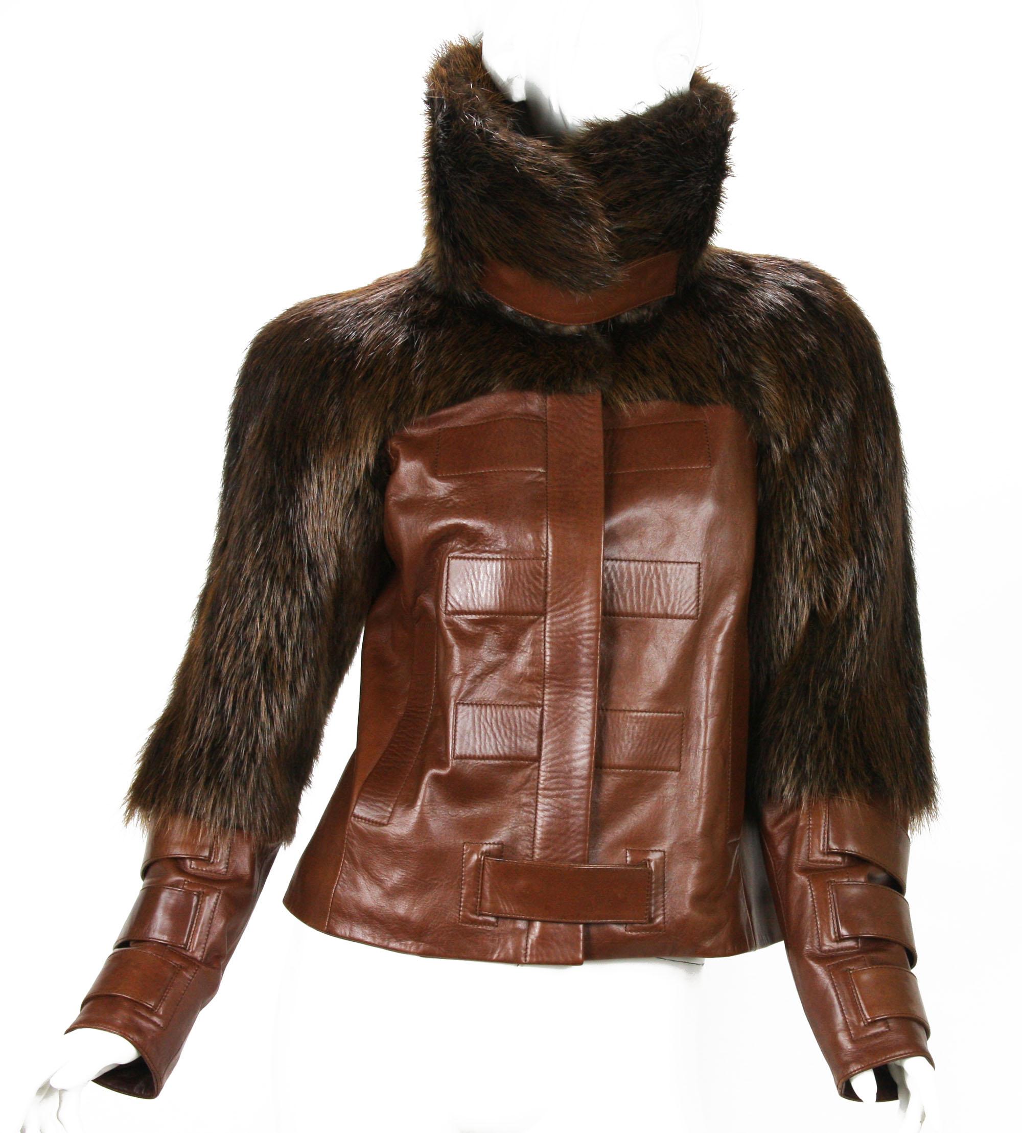 Tom Ford for Gucci F/W 2003 Cognac Color Leather Fur Corset Jacket  38 For Sale 1
