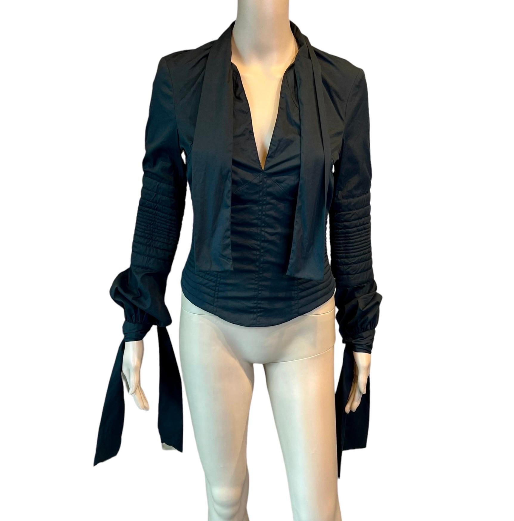 Tom Ford for Gucci F/W 2003 Corseted Plunging Tie Up Black Shirt Blouse Top In Good Condition In Naples, FL
