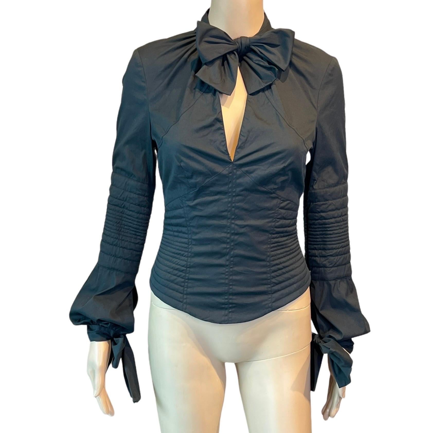 Tom Ford for Gucci F/W 2003 Corseted Plunging Tie Up Black Shirt Blouse Top 4