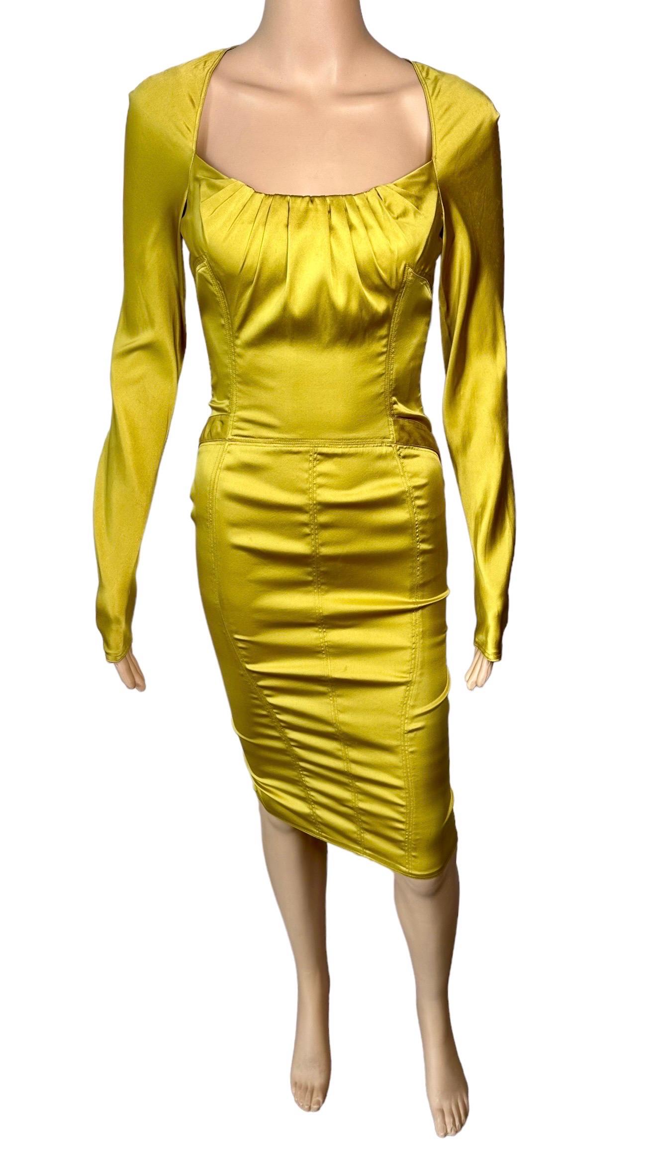 Tom Ford for Gucci F/W 2003 Runway Bodycon Silk Mustard Yellow Midi Dress For Sale 8