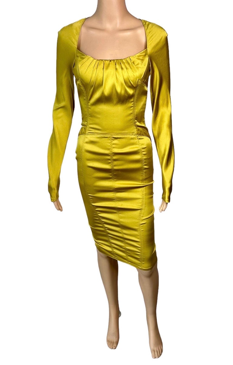 Tom Ford for Gucci F/W 2003 Runway Bodycon Silk Mustard Yellow Midi ...
