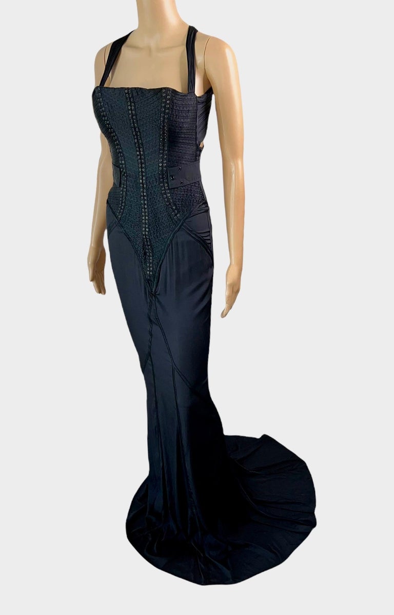 Fall 2003 Gucci by Tom Ford Runway Look 10 Stretch Silk Dress + Black Corset Waist Cincher Belt