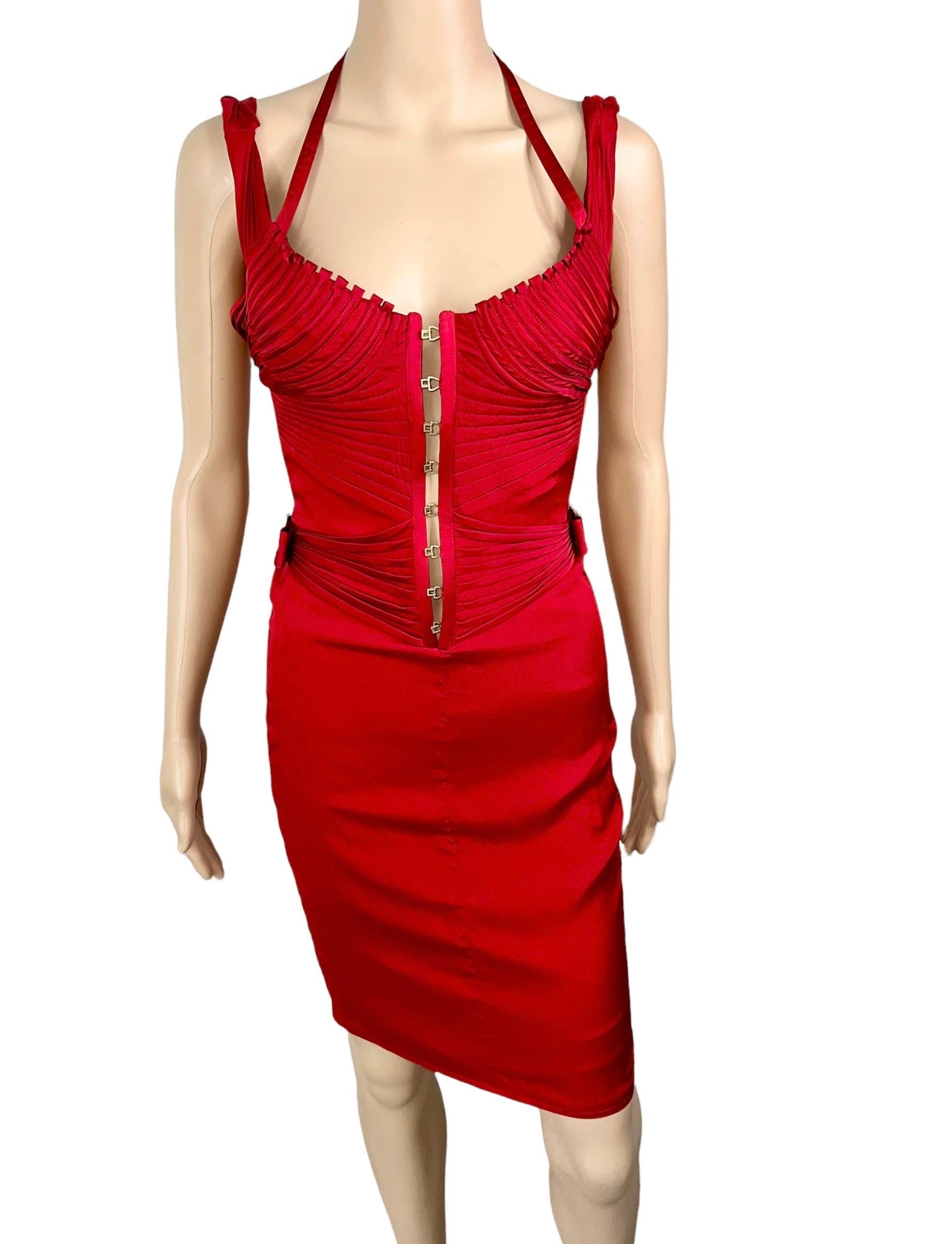 Gray Tom Ford for Gucci F/W 2003 Runway Bustier Corset Silk Red Dress For Sale