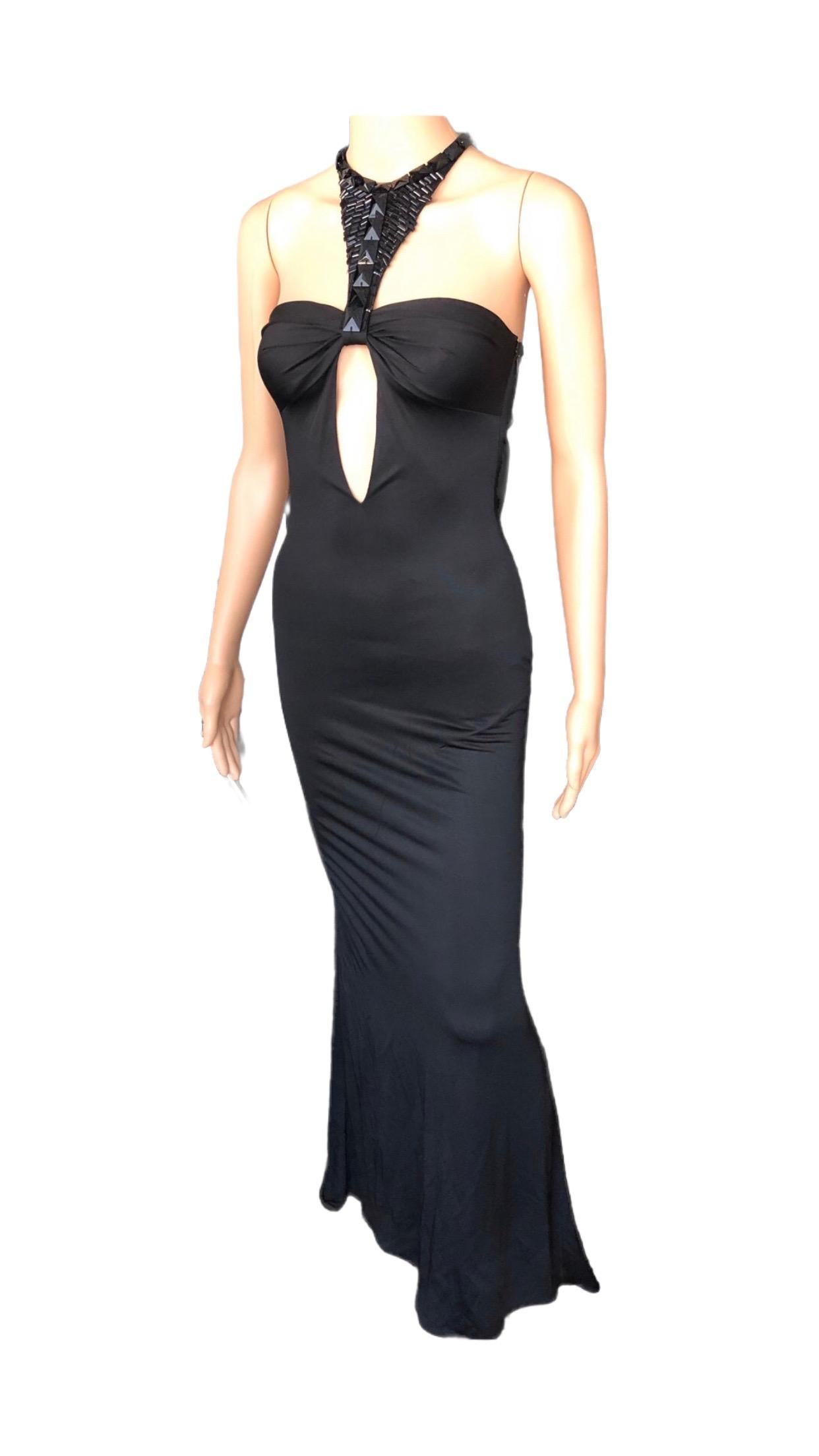 Tom Ford for Gucci F/W 2004 Embellished Plunging Cutout Black Evening Dress Gown For Sale 6