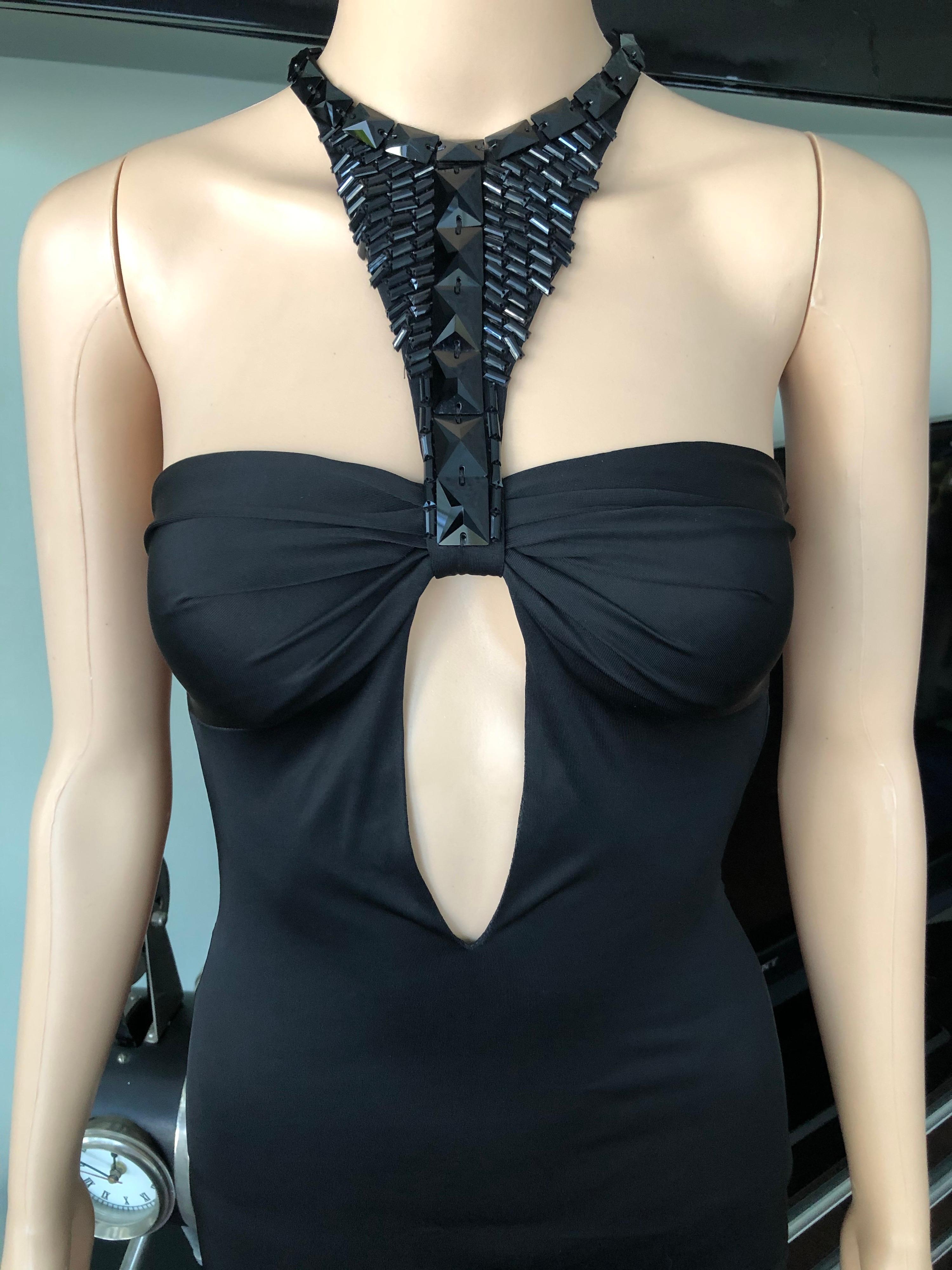 Tom Ford for Gucci F/W 2004 Embellished Plunging Cutout Black Evening Dress Gown In Good Condition For Sale In Naples, FL