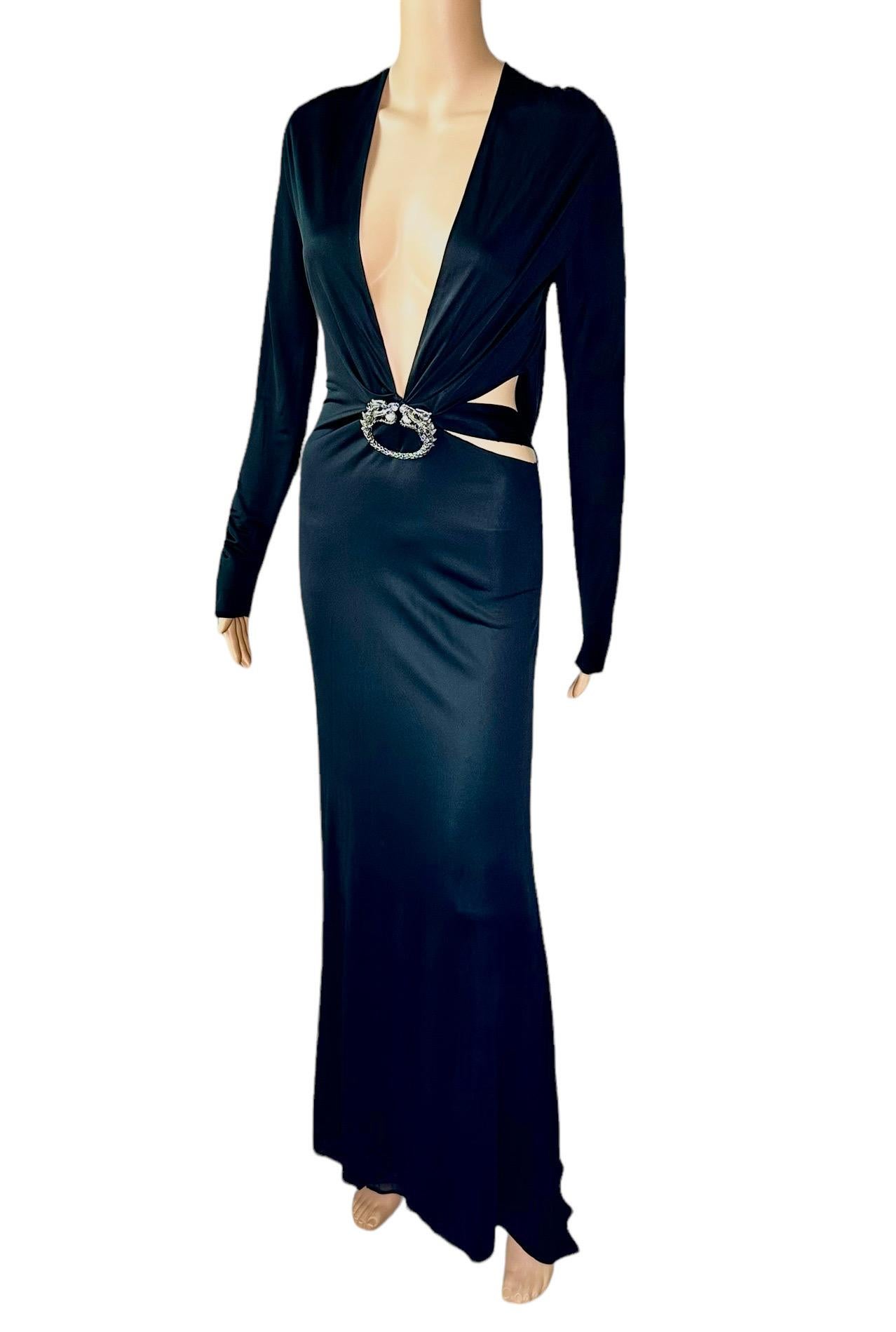 Tom Ford for Gucci F/W 2004 Embellished Plunging Cutout Black Evening Dress Gown For Sale 1