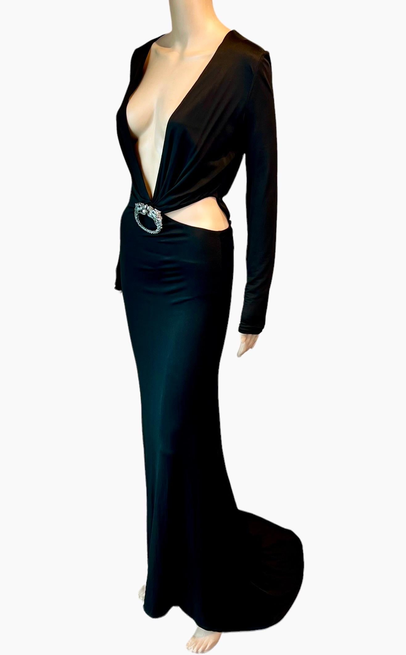 Tom Ford for Gucci F/W 2004 Embellished Plunging Cutout Black Evening Dress Gown In Good Condition In Naples, FL