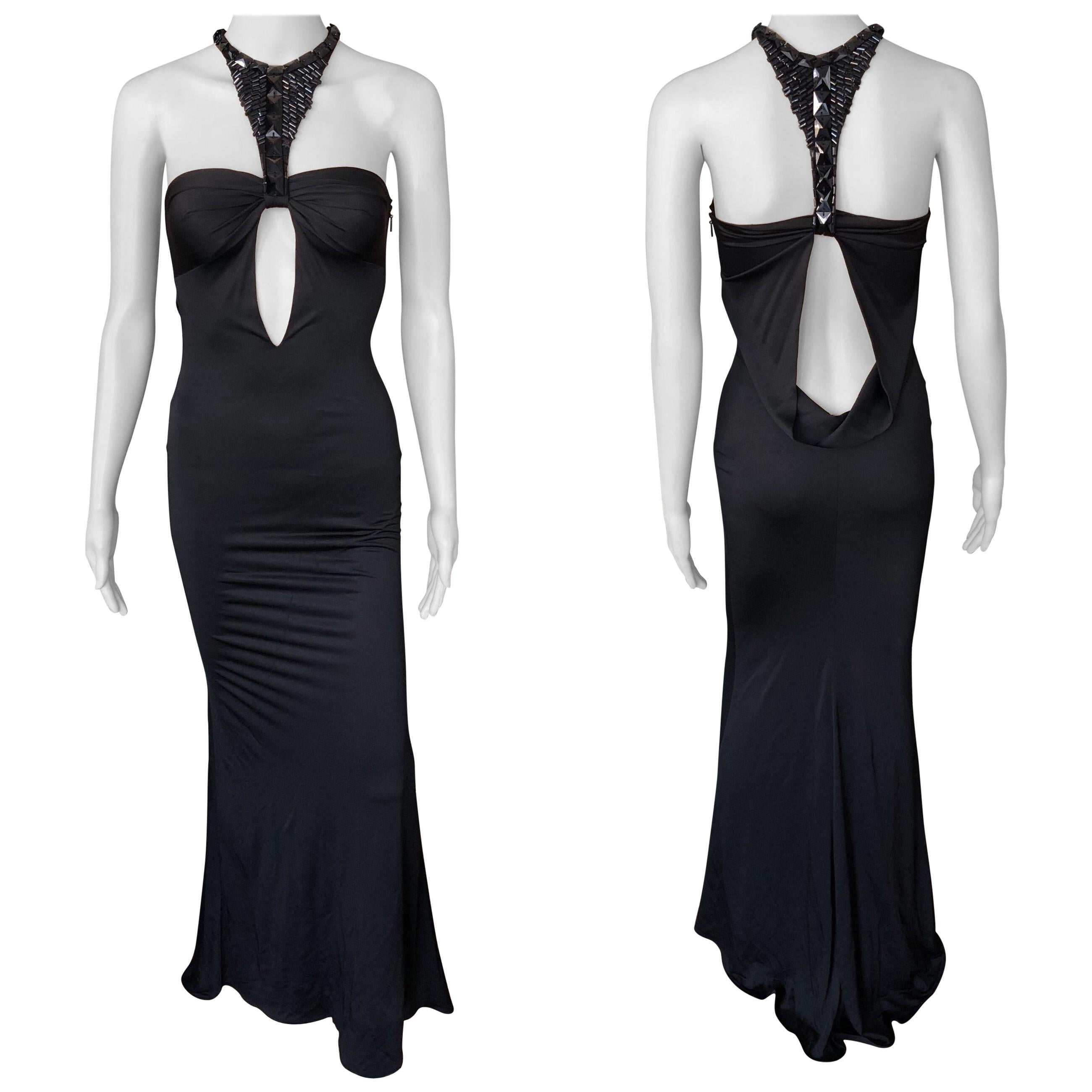 Tom Ford for Gucci F/W 2004 Embellished Plunging Cutout Black Evening Dress Gown For Sale