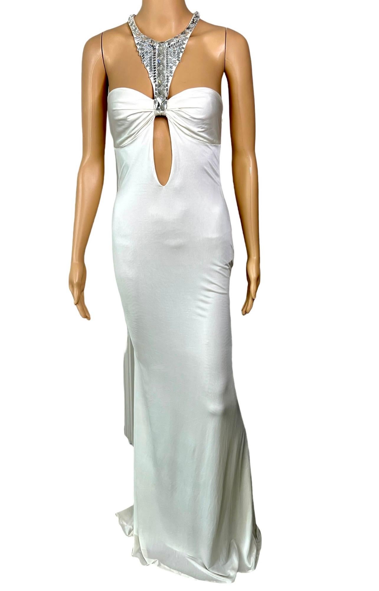 Gray Tom Ford for Gucci F/W 2004 Embellished Plunging Cutout Ivory Evening Dress Gown For Sale