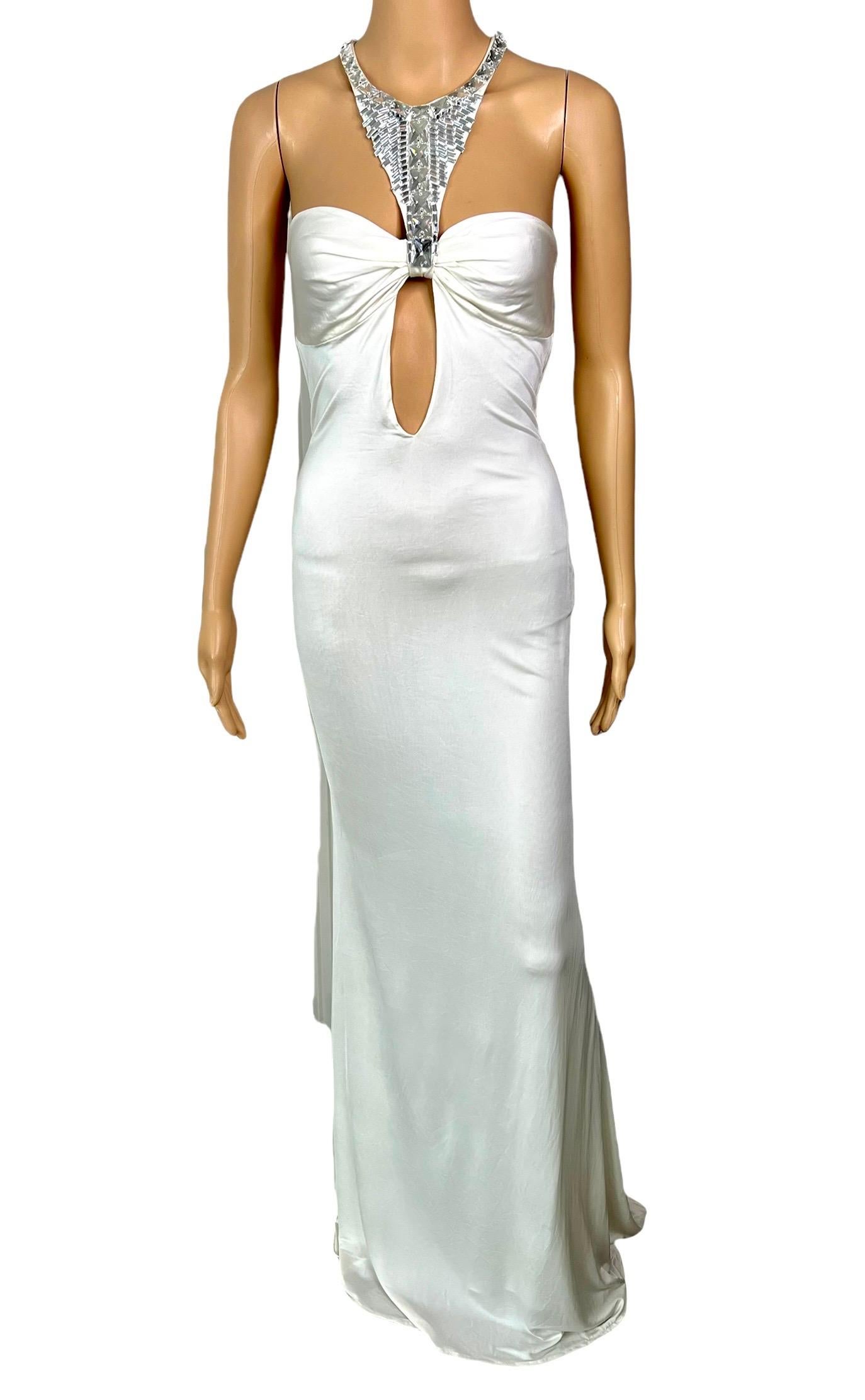 Women's Tom Ford for Gucci F/W 2004 Embellished Plunging Cutout Ivory Evening Dress Gown For Sale