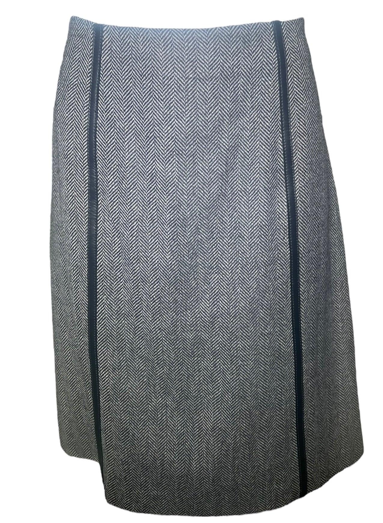 Tom Ford for Gucci F/W Rock aus Wolle mit Fischgrätmuster und Lederbesatz, 2000 im Angebot