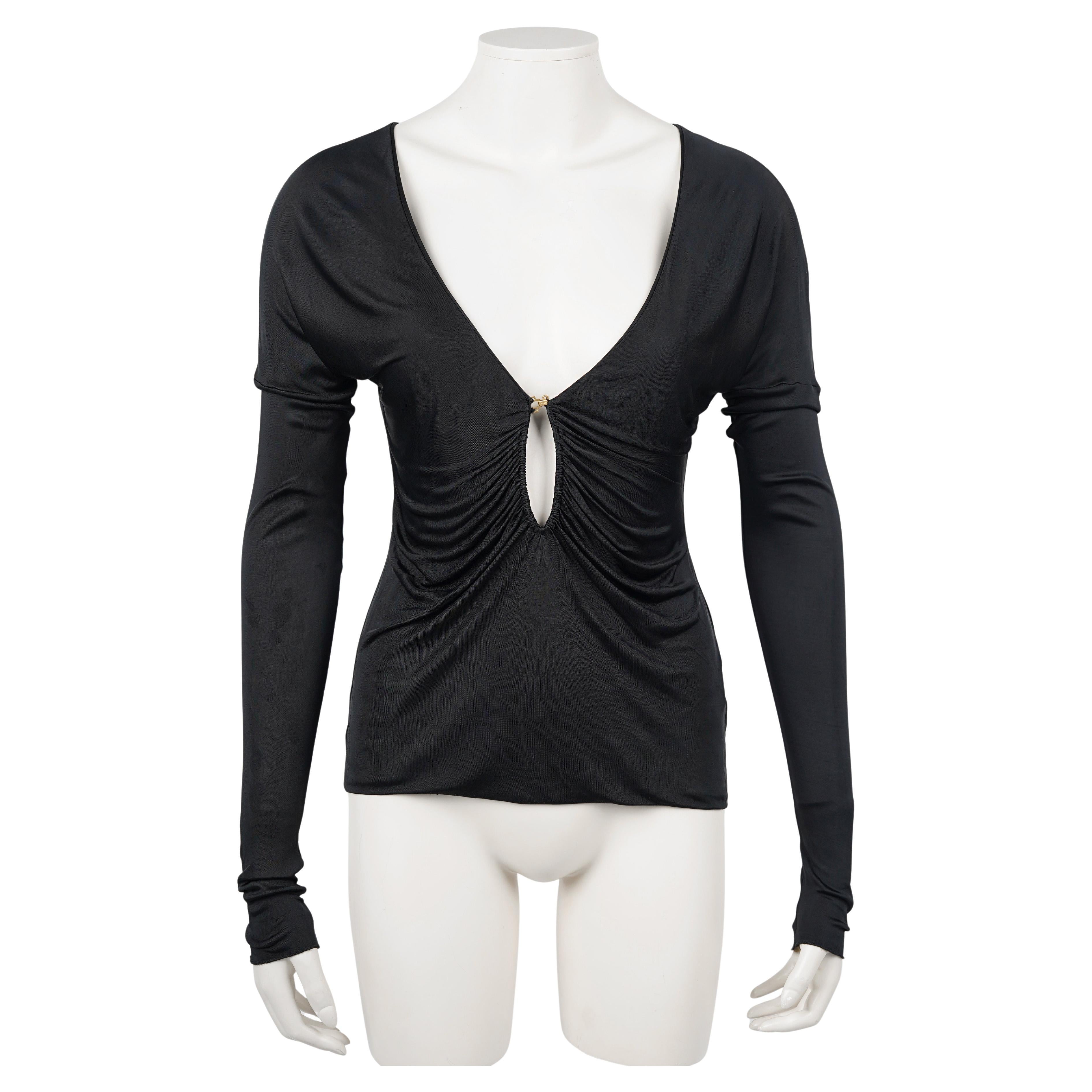 Tom Ford for Gucci Fall/Winter 2003 Black Draped Viscose Top with Jeweled Clasp For Sale