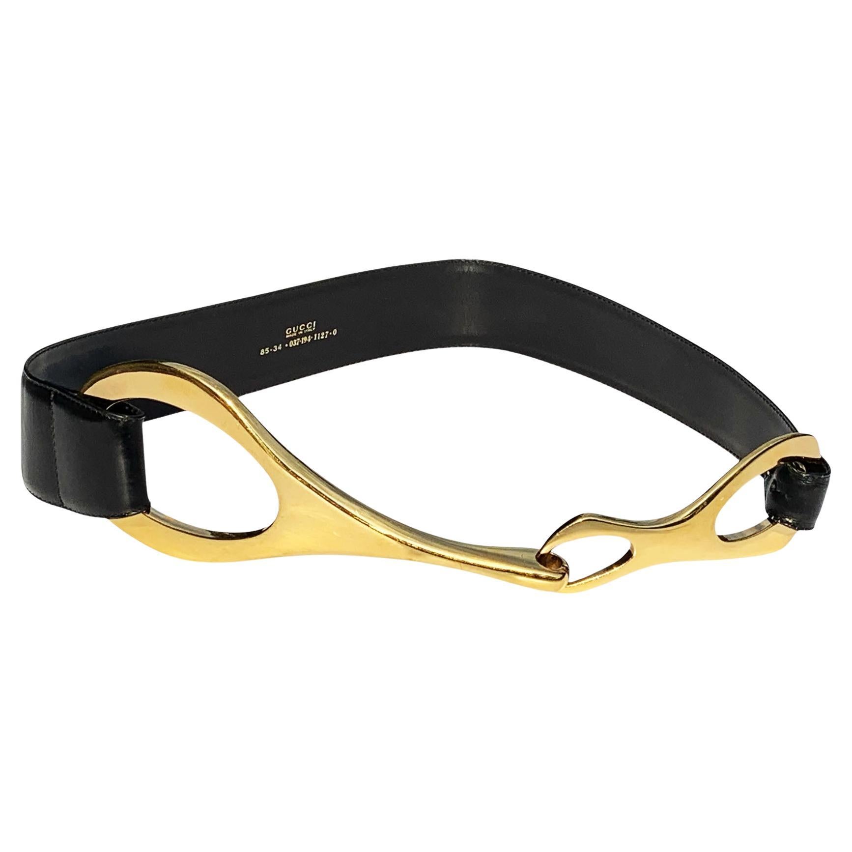 Tom Ford for Gucci FW 1996 Oversized Black Leather Gold Hosebit Wide Belt  85/34 For Sale
