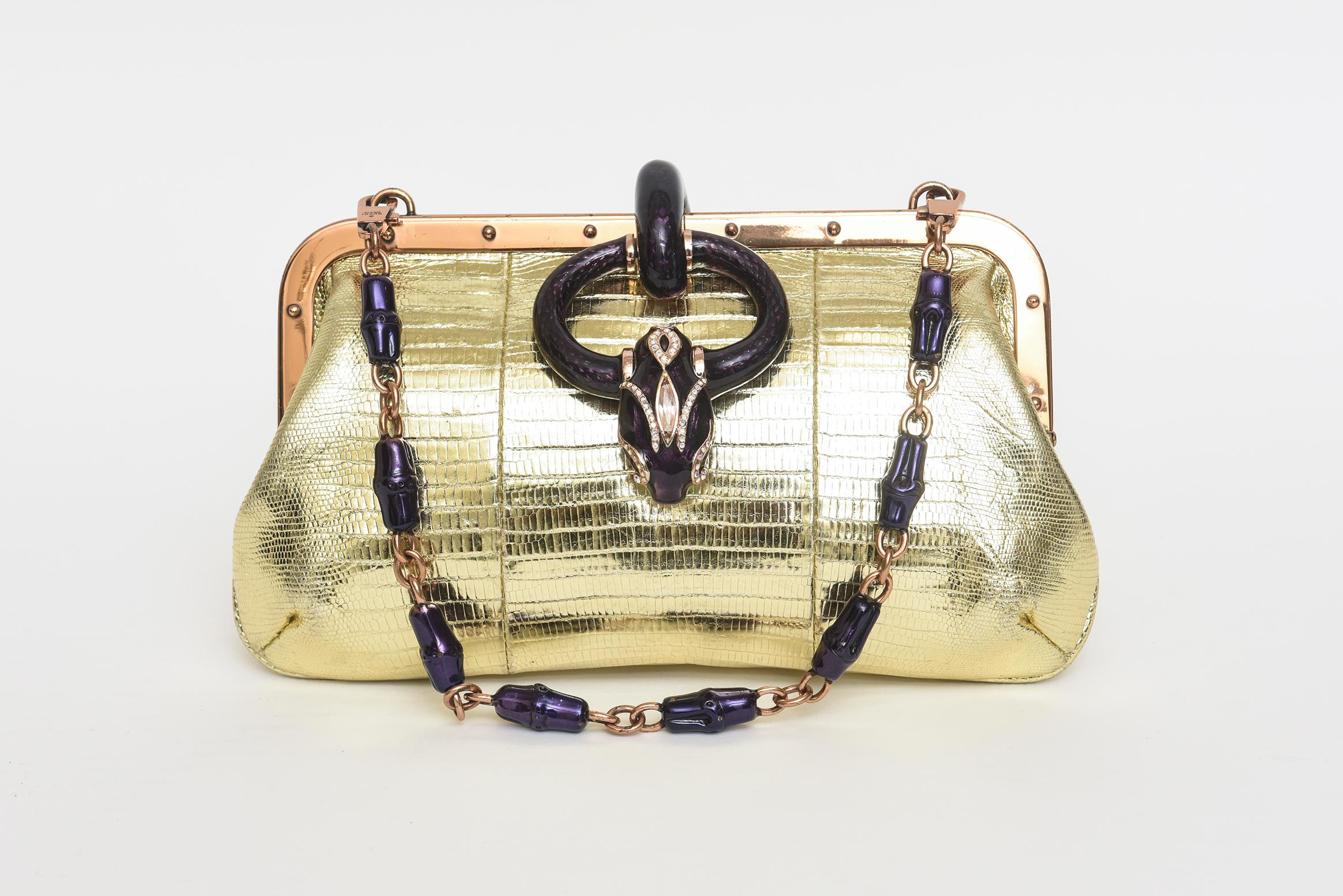 Tom Ford for Gucci Gold Lizard Leather With Rose Gold And Amethyst Serpent Bag 4