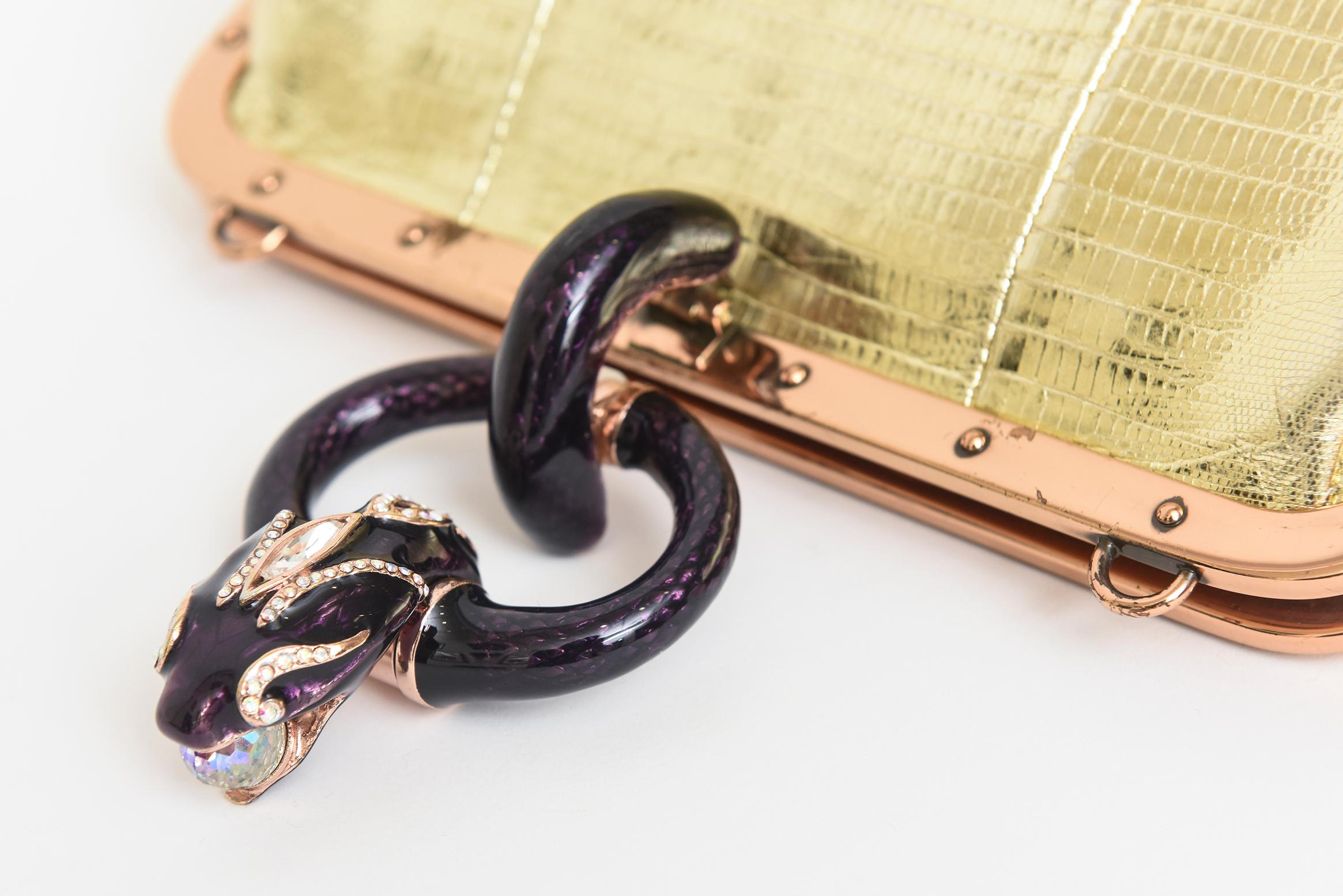 Tom Ford for Gucci Gold Lizard Leather With Rose Gold And Amethyst Serpent Bag In Good Condition In North Miami, FL