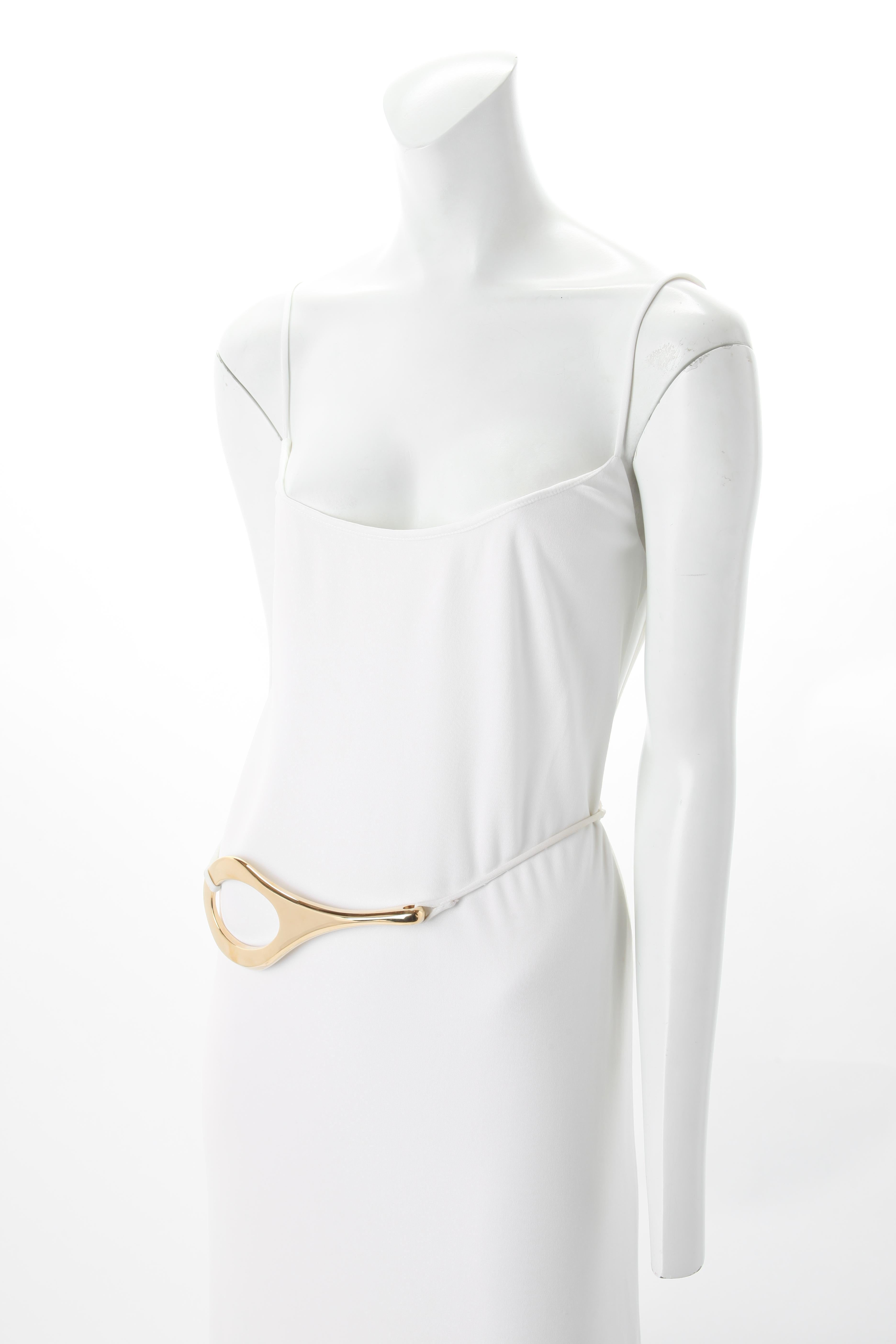Tom Ford for Gucci Long White Jersey Belted Dress, F/W 1996.
Long White Spaghetti Strap Jersey Dress featuring Detachable Gold Cut-Out Belt. 
Fits US Size 0 to 6.