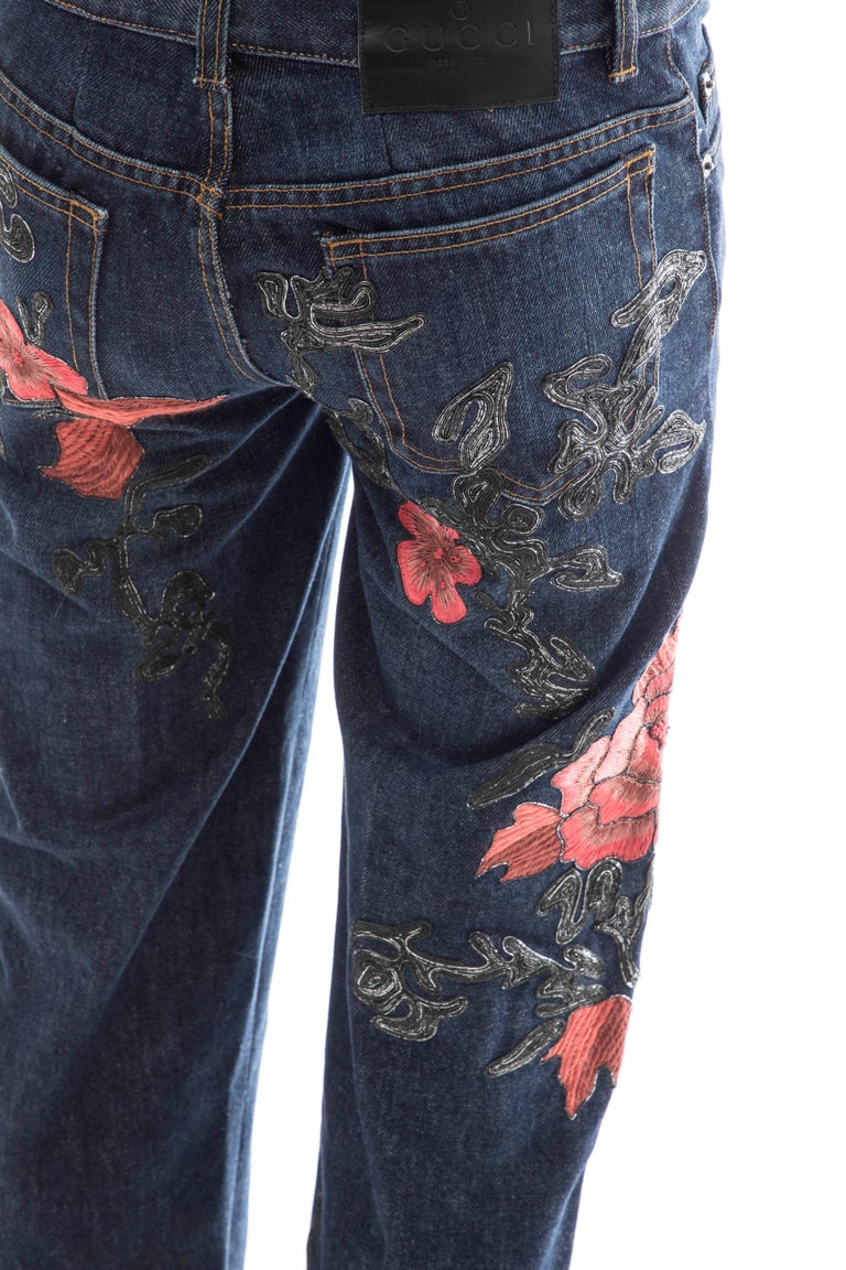 Tom Ford for Gucci Runway Men's Floral Embroidered Denim Jeans