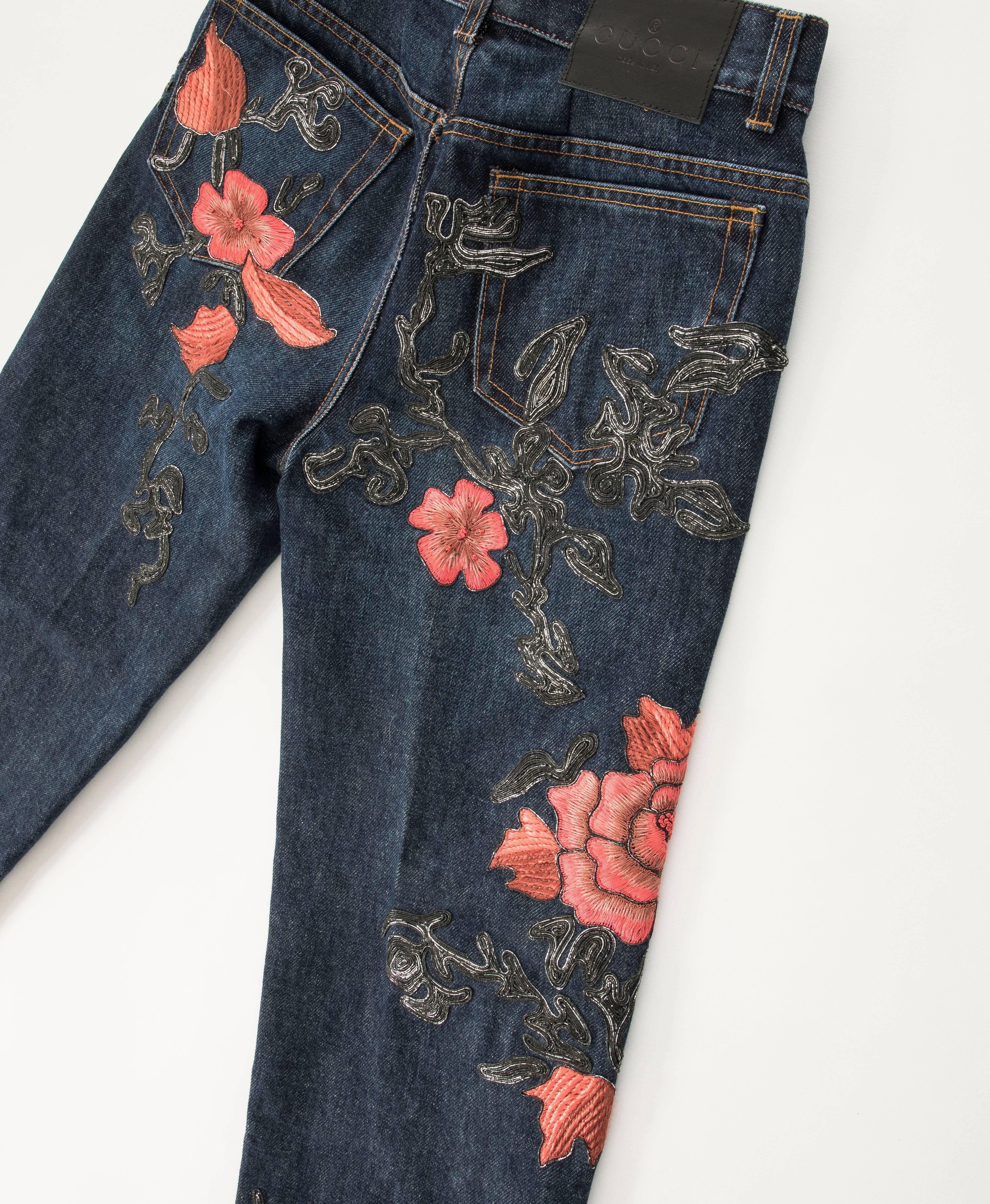 Tom Ford for Gucci Runway Men's Floral Embroidered Denim Jeans, Fall, 1999 For Sale 1