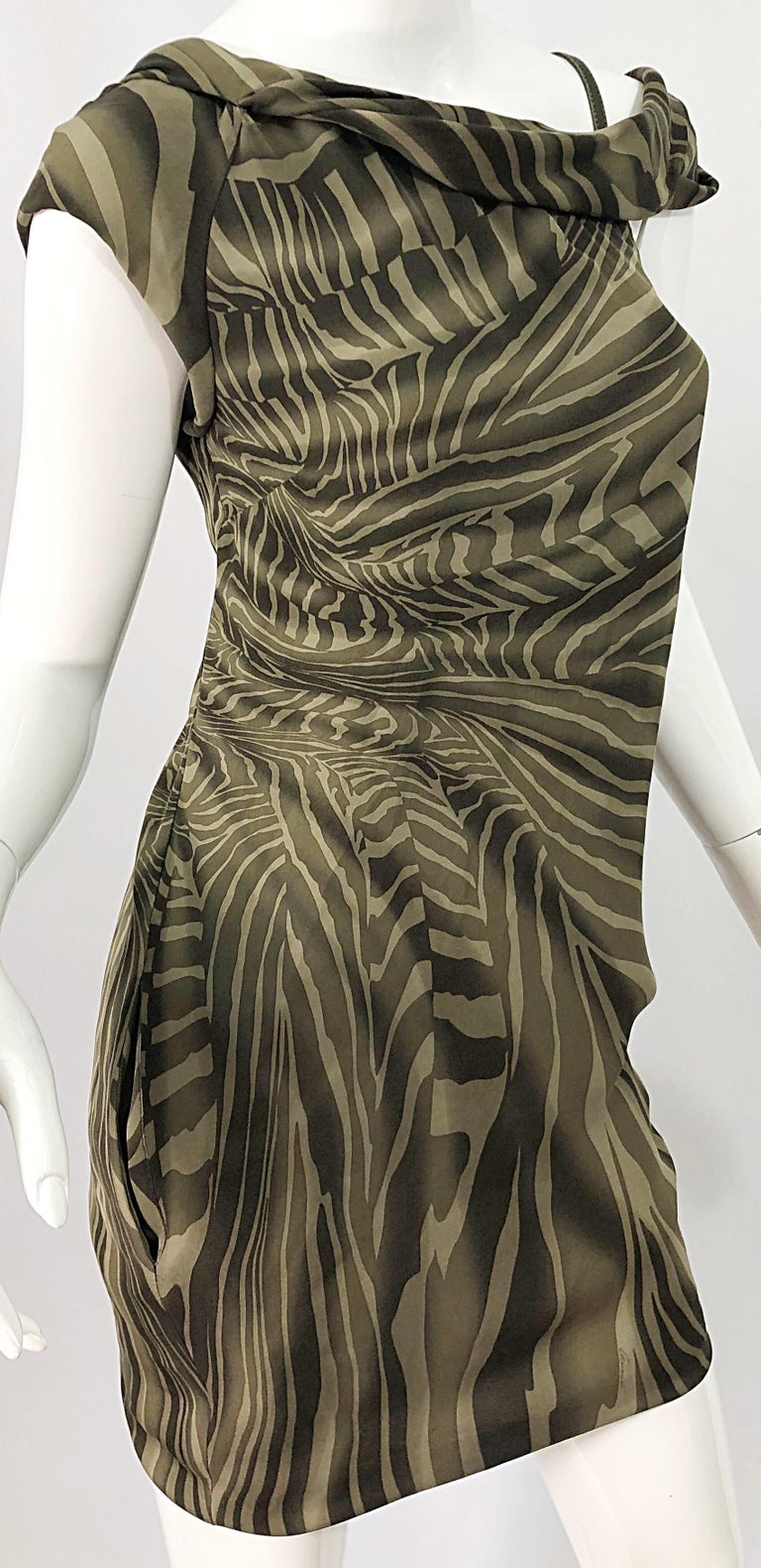 Tom Ford for Gucci Olive + Khaki Zebra Print Silk Chiffon Off Shoulder Dress For Sale 5
