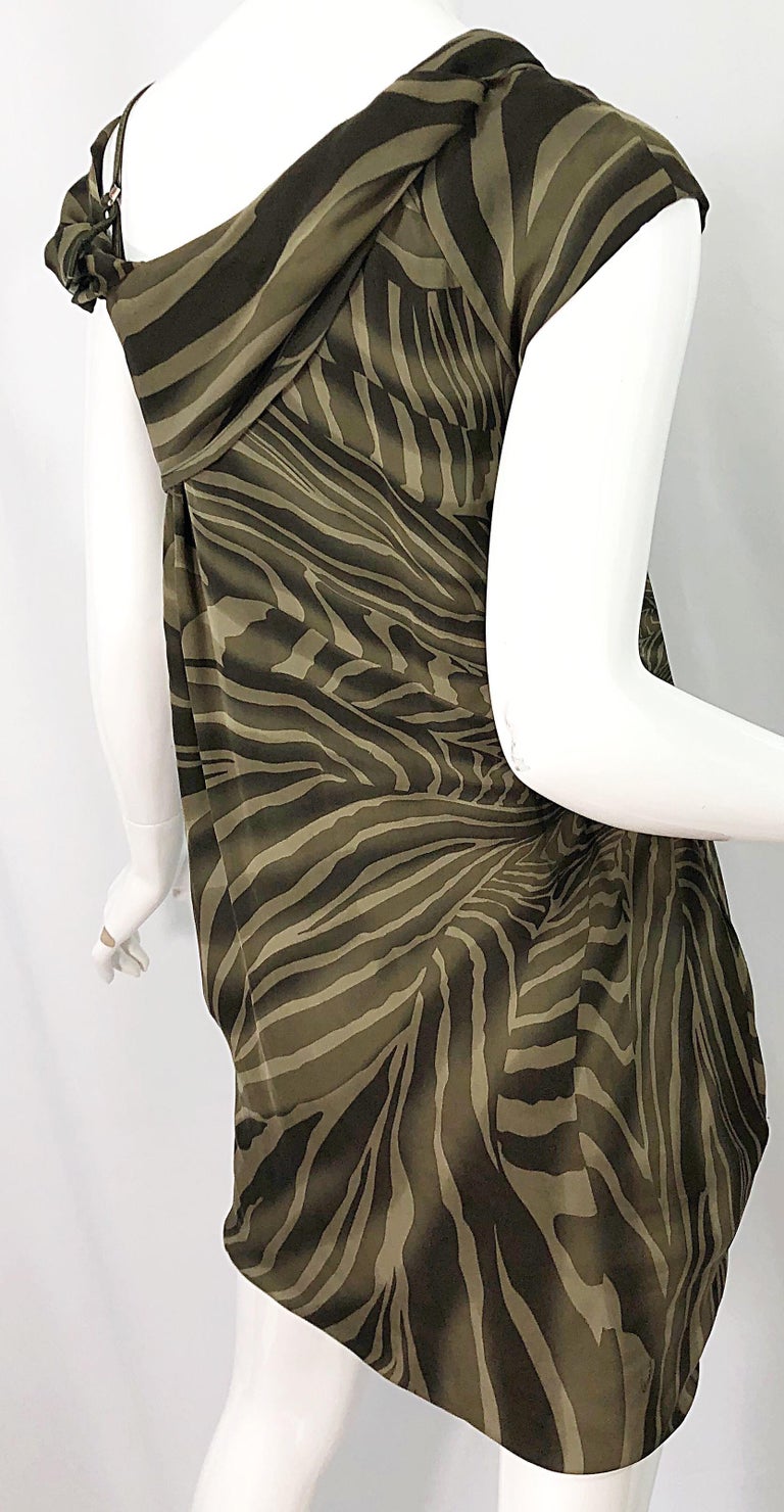 Tom Ford for Gucci Olive + Khaki Zebra Print Silk Chiffon Off Shoulder Dress For Sale 6