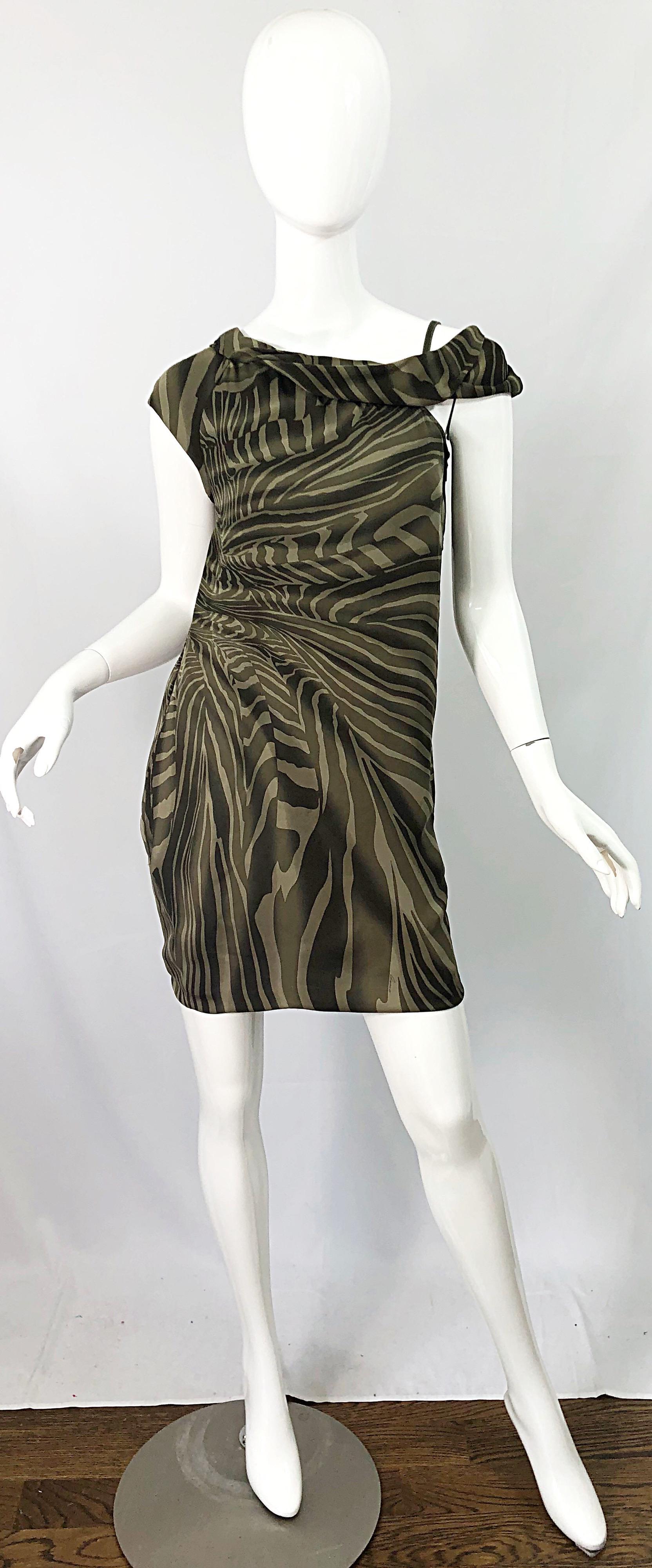 Tom Ford for Gucci Olive + Khaki Zebra Safari Print Silk Off Shoulder Dress For Sale 4