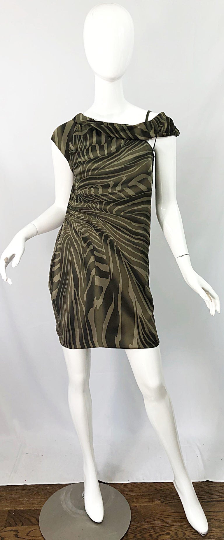 Tom Ford for Gucci Olive + Khaki Zebra Print Silk Chiffon Off Shoulder Dress For Sale 7