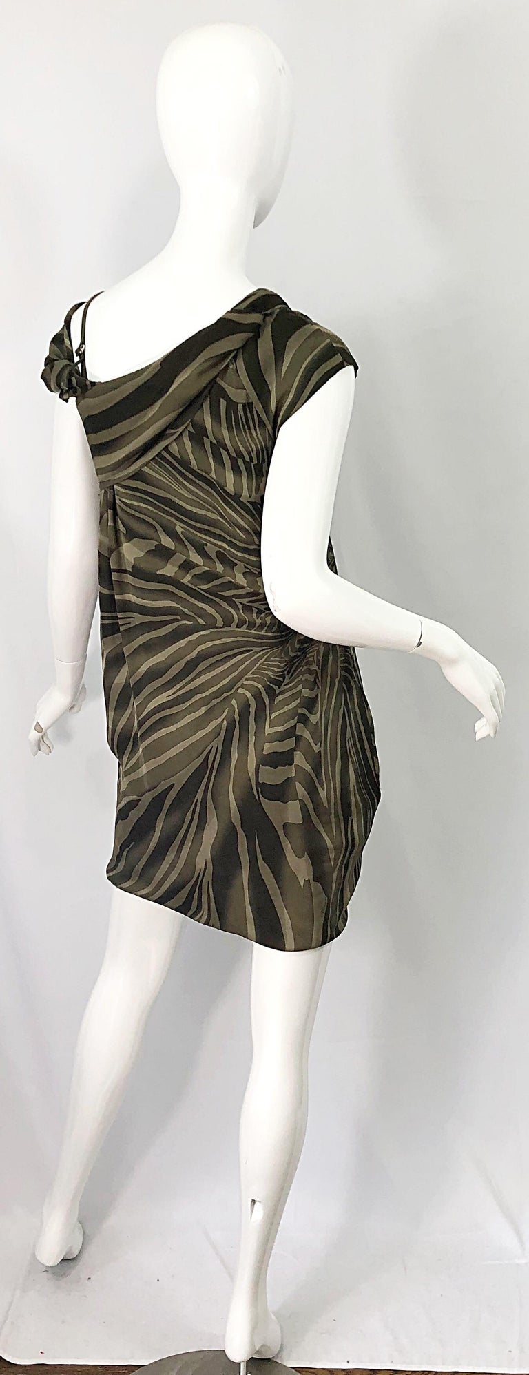 Tom Ford for Gucci Olive + Khaki Zebra Print Silk Chiffon Off Shoulder Dress In Excellent Condition For Sale In San Diego, CA