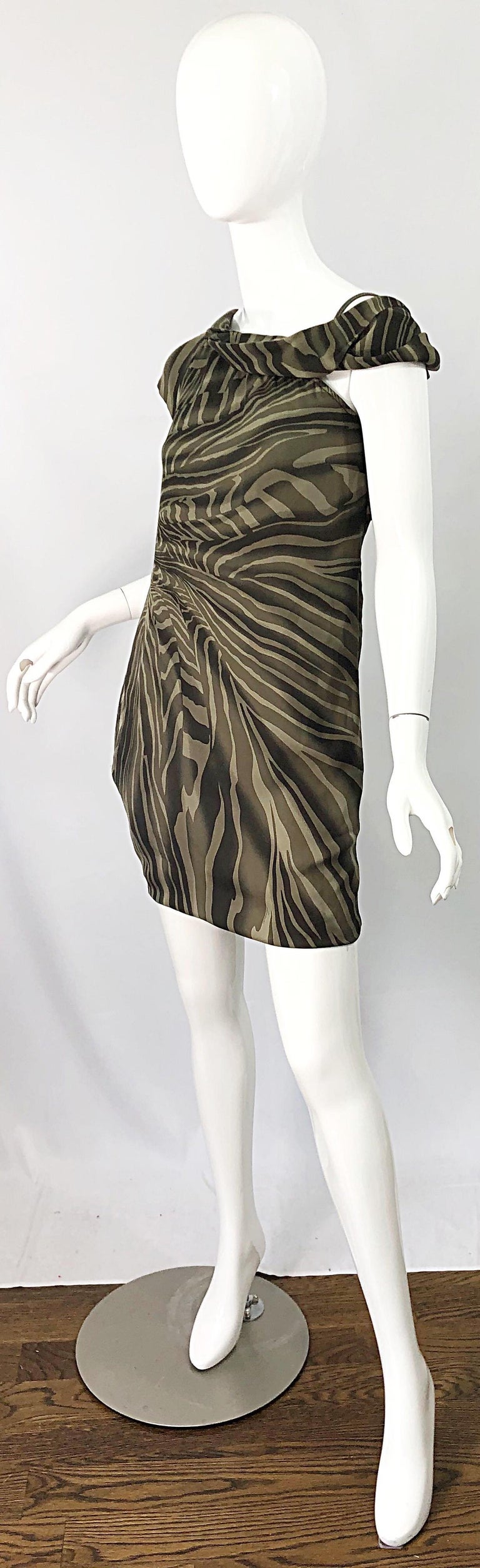 Women's Tom Ford for Gucci Olive + Khaki Zebra Print Silk Chiffon Off Shoulder Dress For Sale