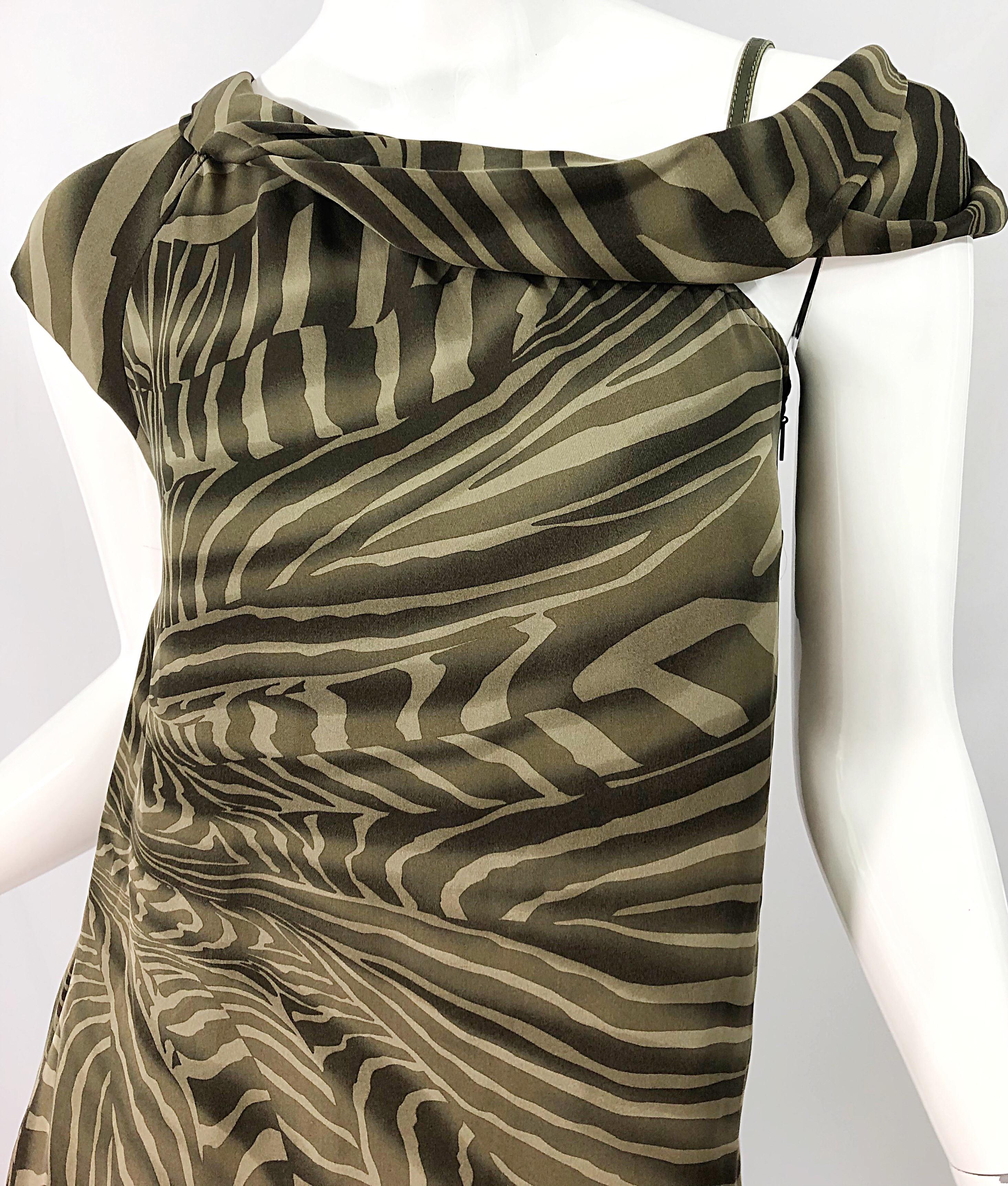 Black Tom Ford for Gucci Olive + Khaki Zebra Safari Print Silk Off Shoulder Dress For Sale