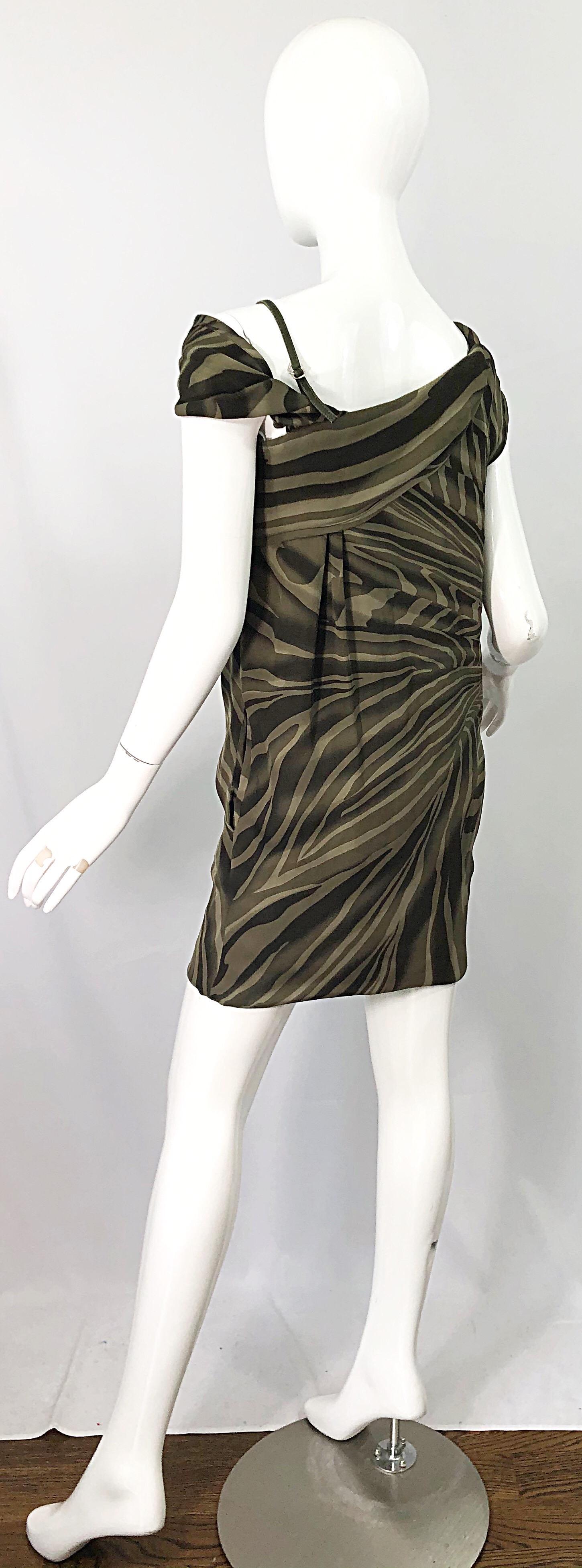 Tom Ford for Gucci Olive + Khaki Zebra Safari Print Silk Off Shoulder Dress In Excellent Condition For Sale In San Diego, CA