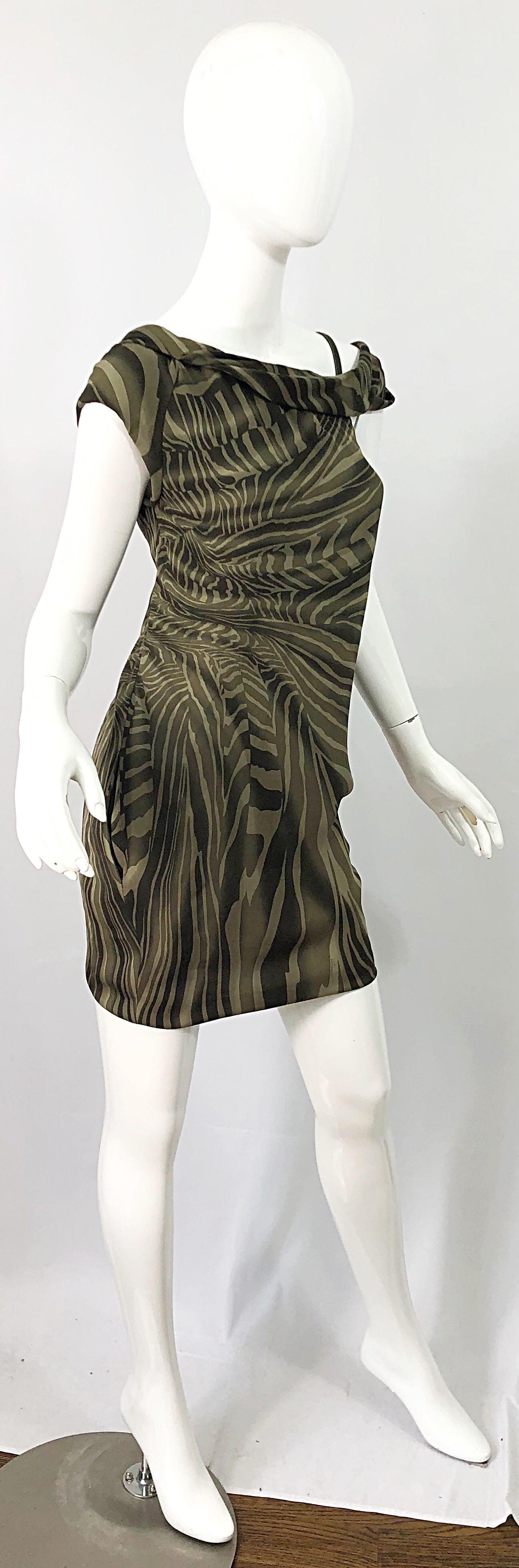 Women's Tom Ford for Gucci Olive + Khaki Zebra Safari Print Silk Off Shoulder Dress For Sale