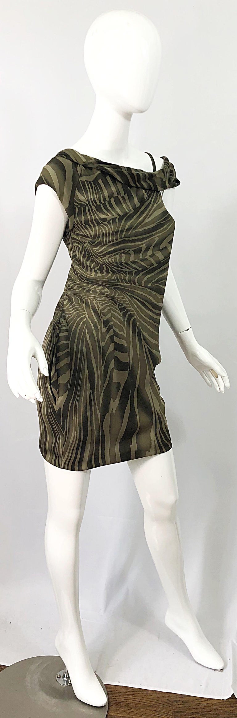 Tom Ford for Gucci Olive + Khaki Zebra Print Silk Chiffon Off Shoulder Dress For Sale 3