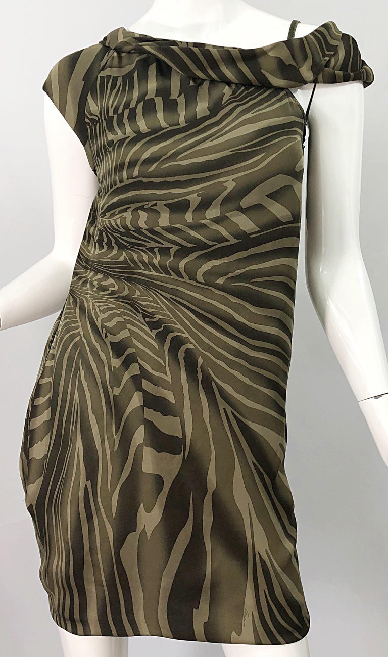 Tom Ford for Gucci Olive + Khaki Zebra Print Silk Chiffon Off Shoulder Dress For Sale 4