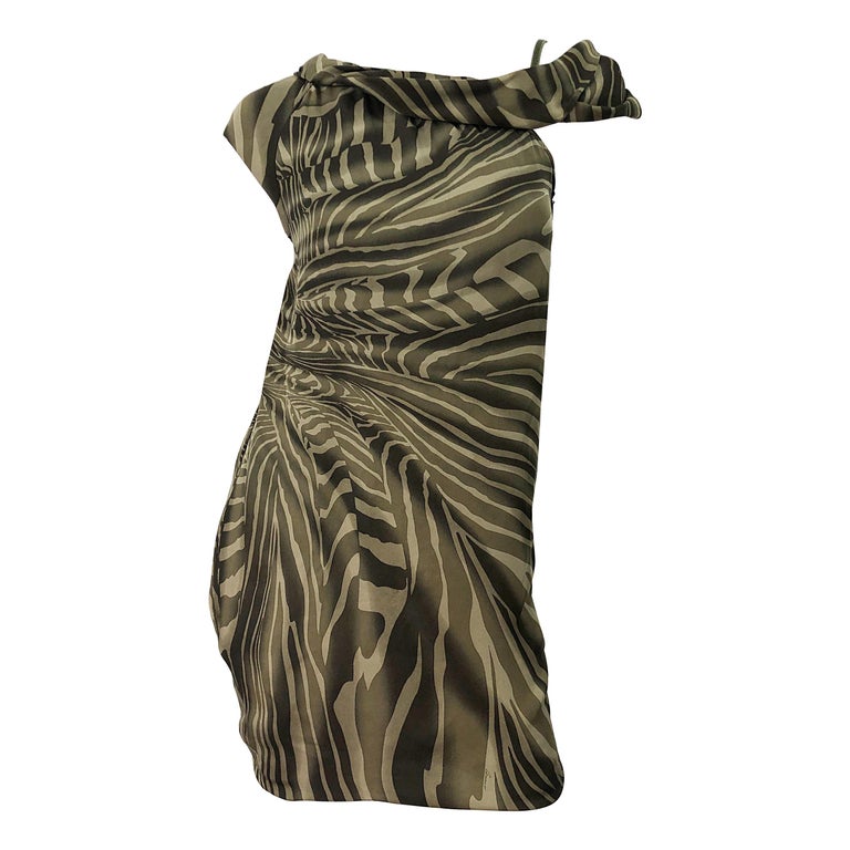 Tom Ford for Gucci Olive + Khaki Zebra Print Silk Chiffon Off Shoulder Dress For Sale