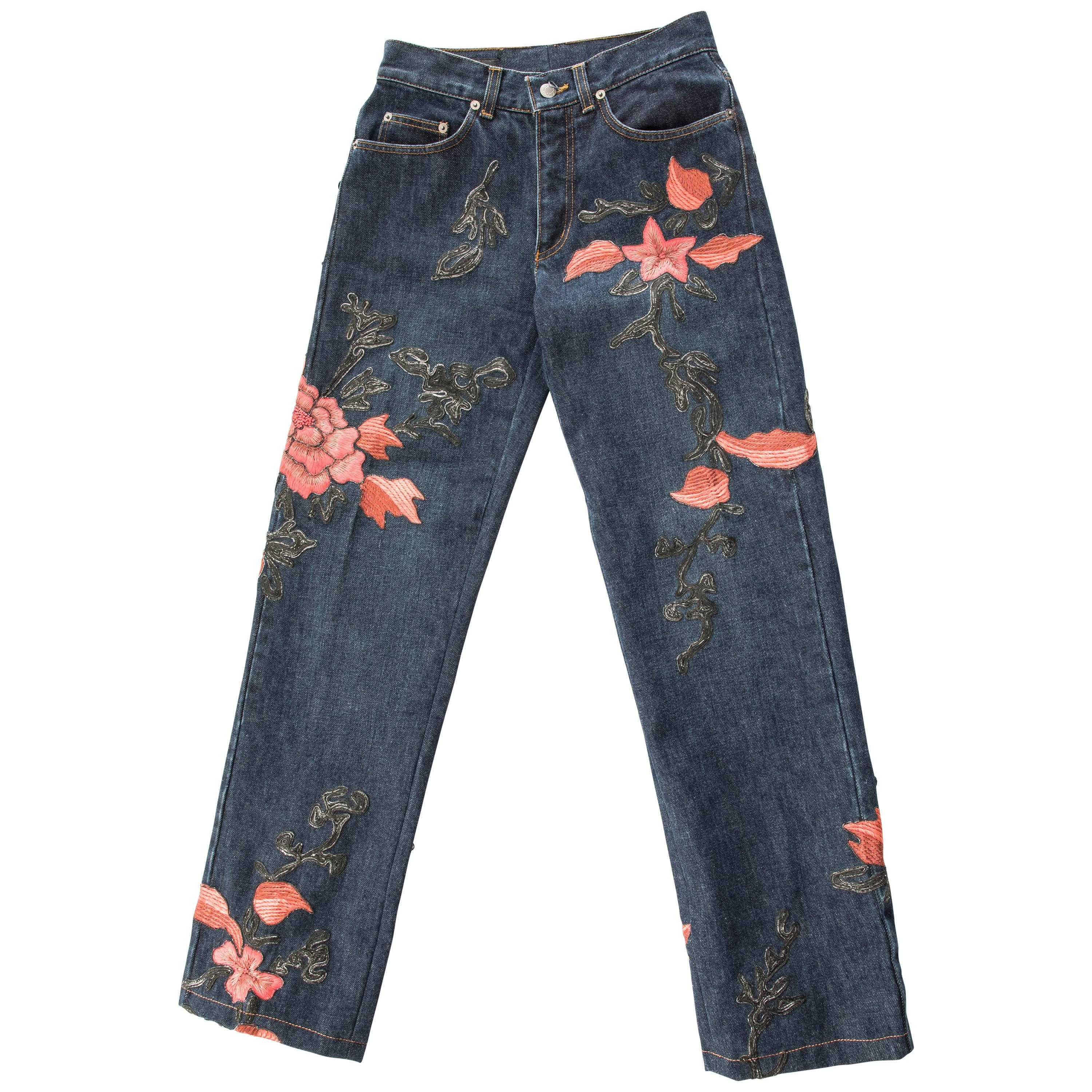 Tom Ford for Gucci Runway Men's Floral Embroidered Denim Jeans, Fall, 1999 For Sale
