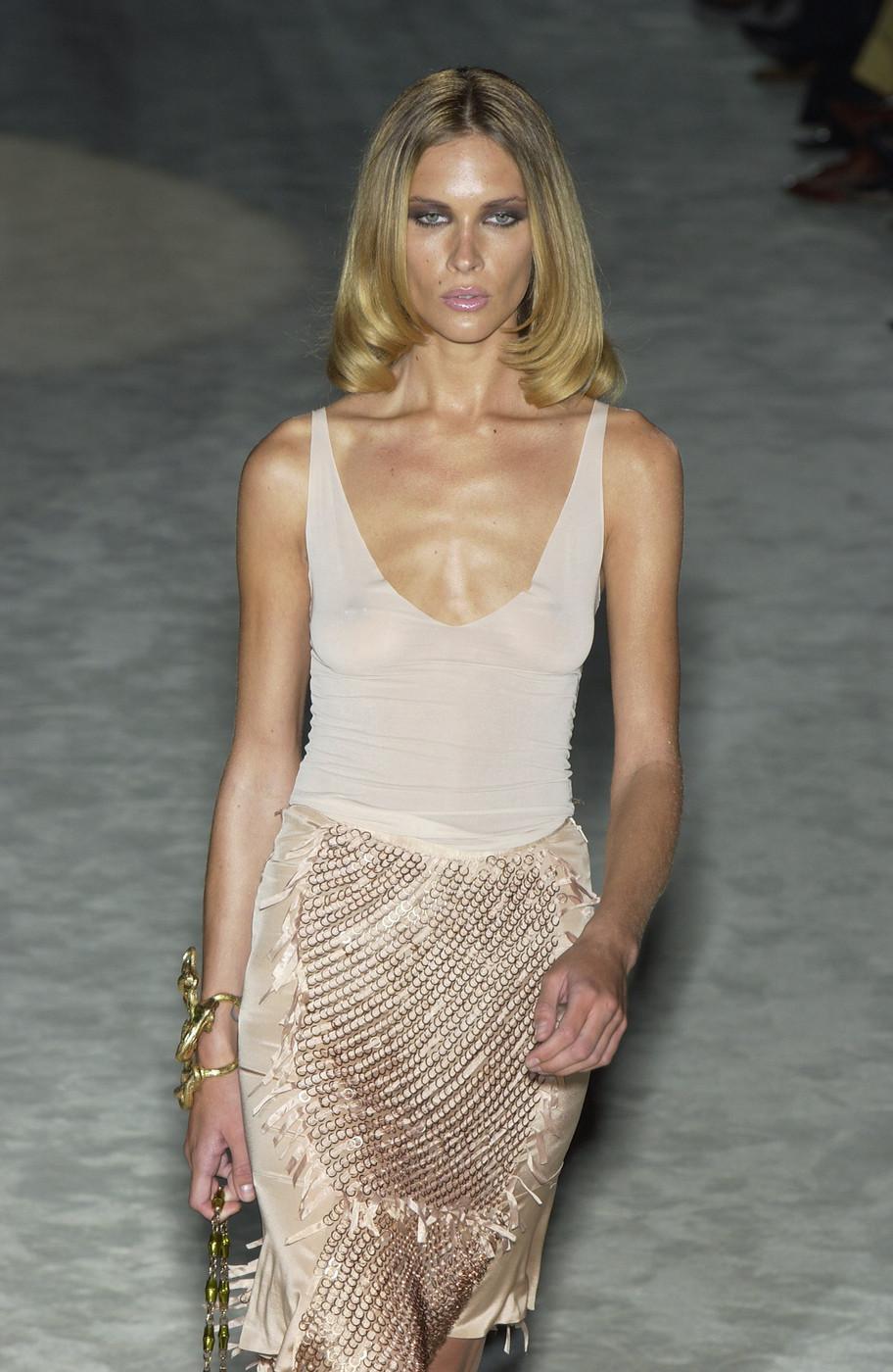 Beige Tom Ford for Gucci Runway S/S 2004 Sheer Nude Rings Ribbon Mini Skirt It 42 For Sale