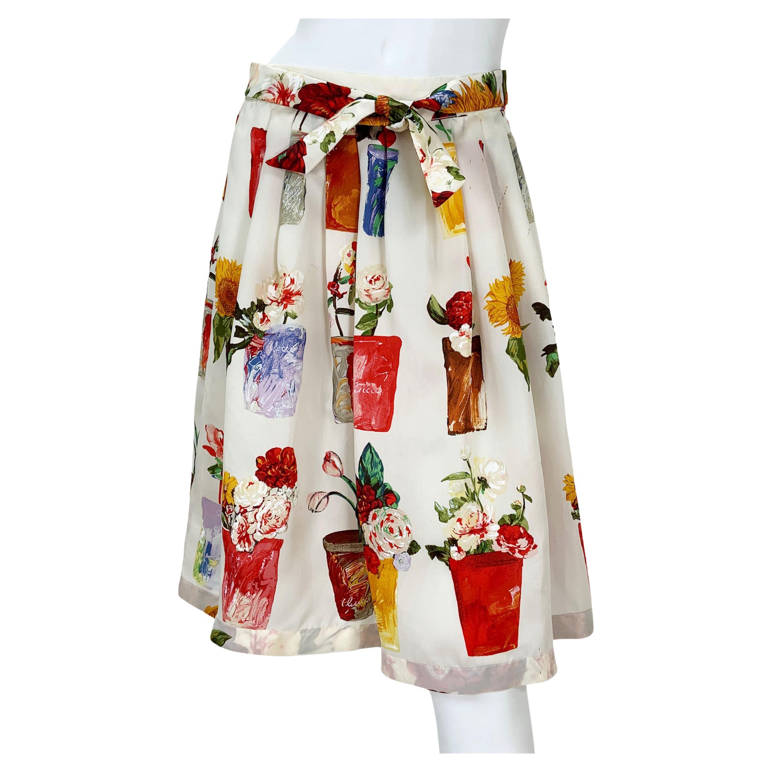 Tom Ford for Gucci S/S 1995 Silk Organza Flowerpot Pleated Skirt Italian 46  For Sale