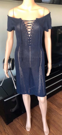 Tom Ford for Gucci S/S 1995 Vintage Lace Up Off Shoulder Crochet Knit Dress