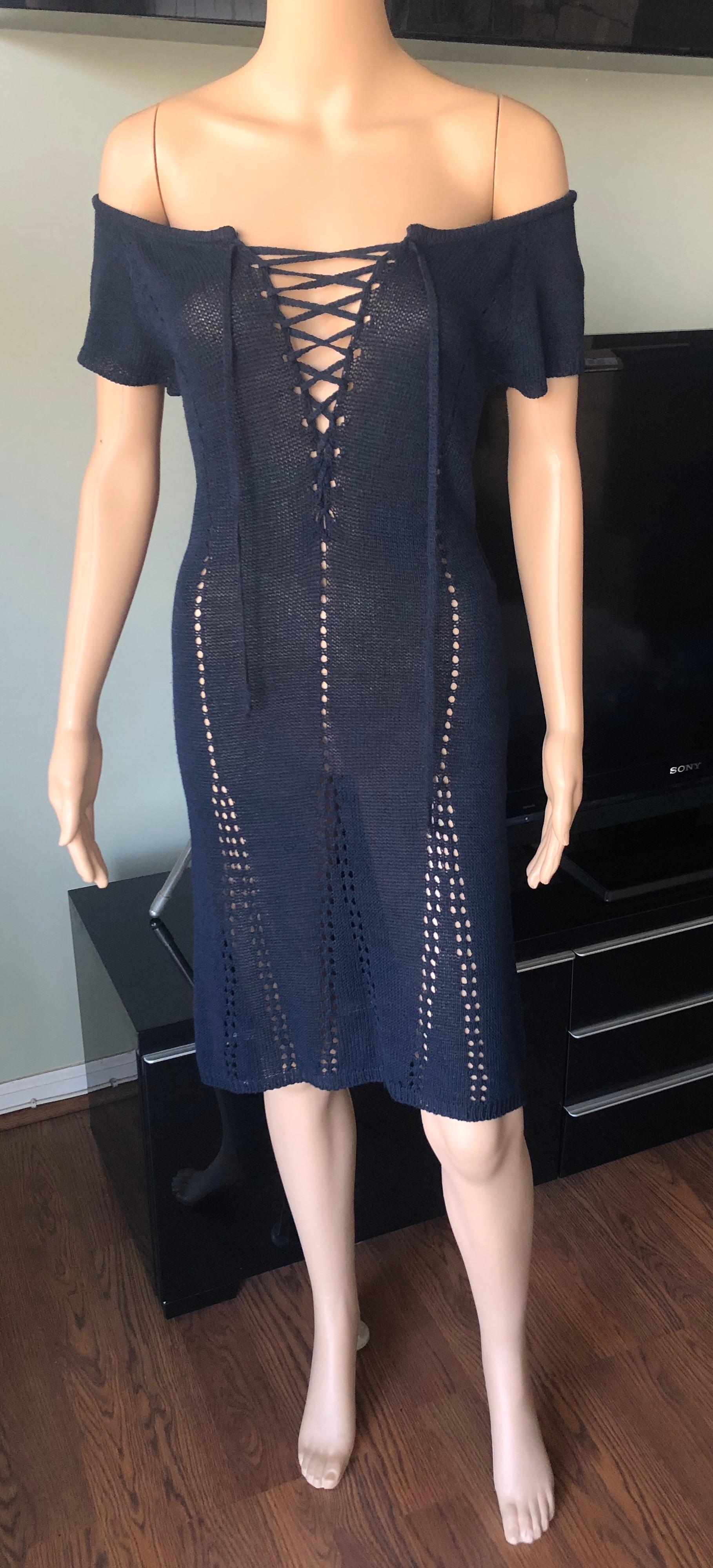 Black Tom Ford for Gucci S/S 1995 Vintage Lace Up Off Shoulder Crochet Knit Dress