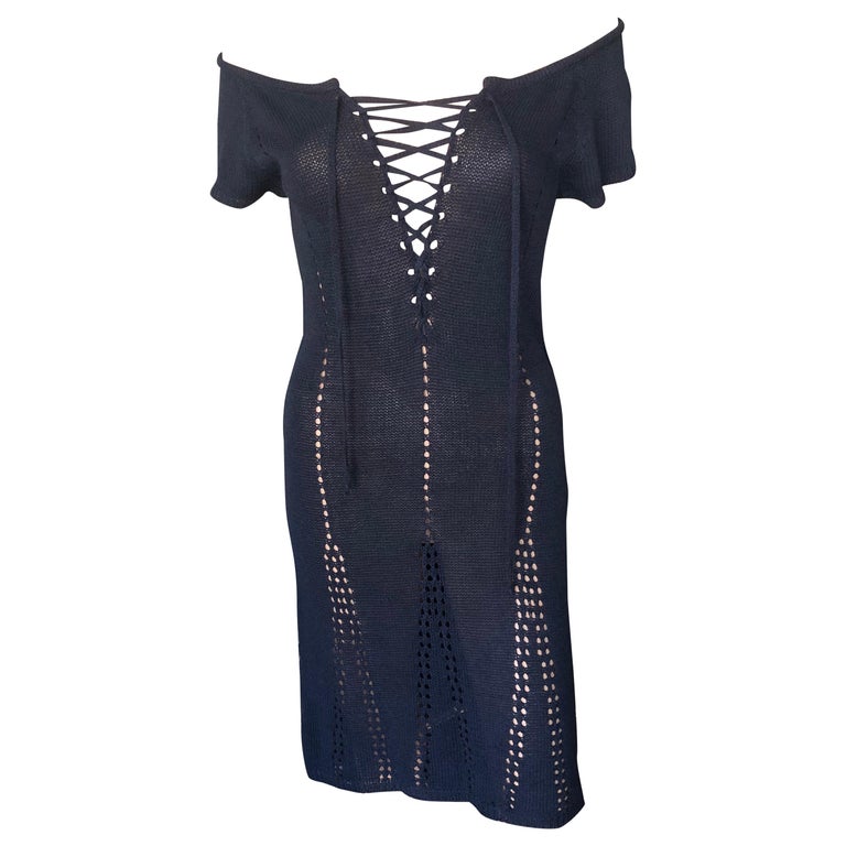 Tom Ford for Gucci S/S 1995 Vintage Lace Up Off Shoulder Crochet Knit Dress  For Sale at 1stDibs