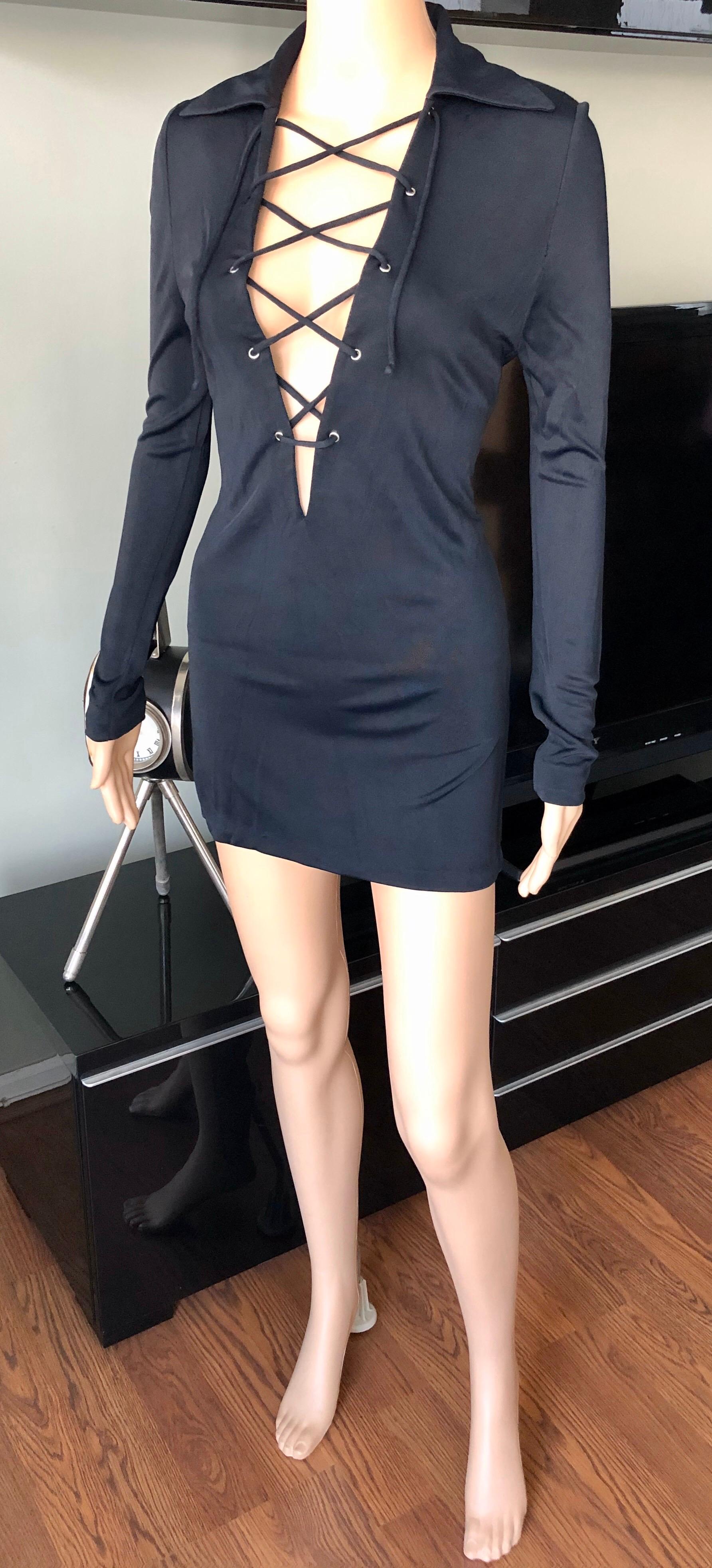 Women's Tom Ford for Gucci S/S 1996 Plunging Lace-Up Black Tunic Micro Mini Dress