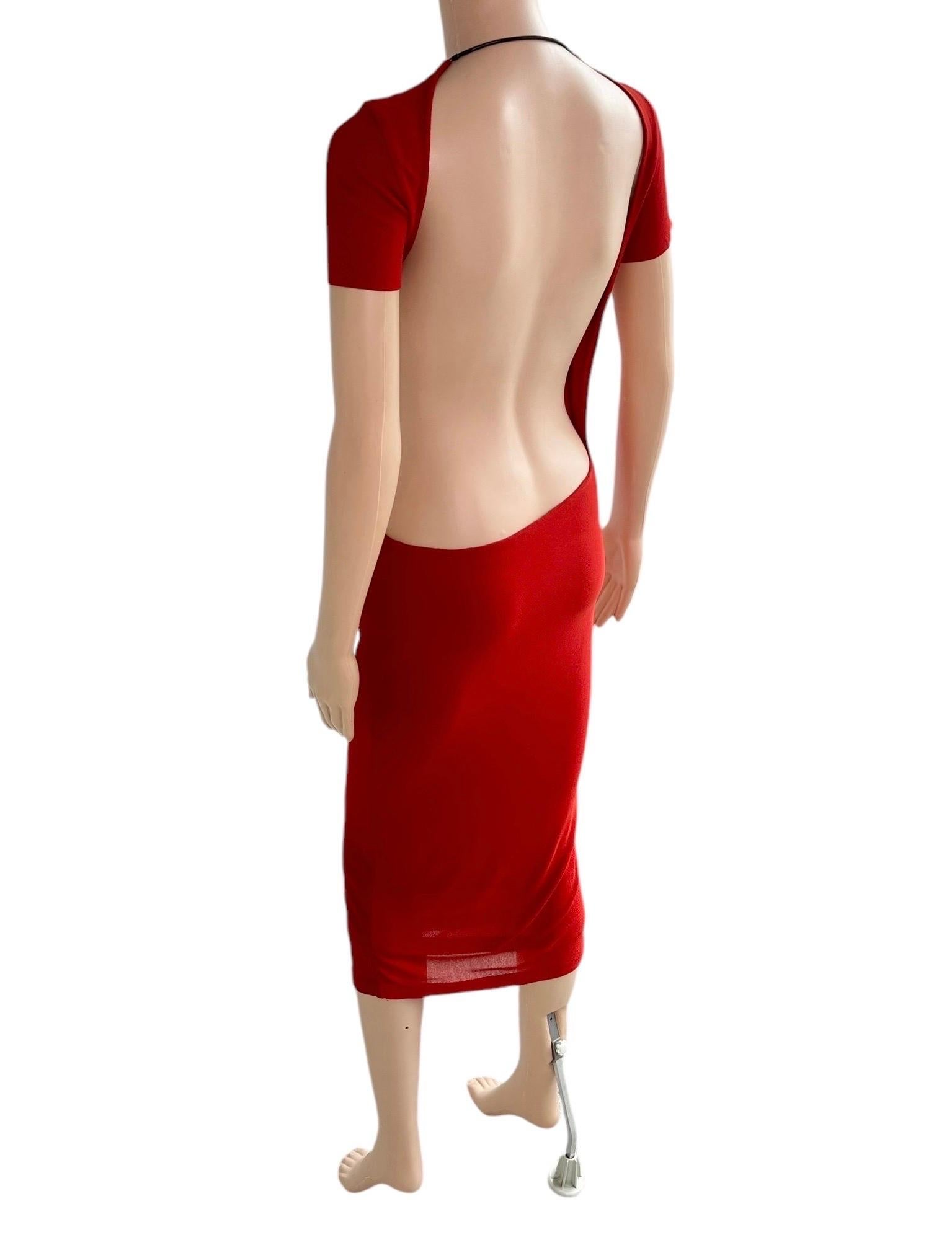 Tom Ford for Gucci S/S 1997 Runway Chain Cutout Backless Sheer Jersey Red Dress 10