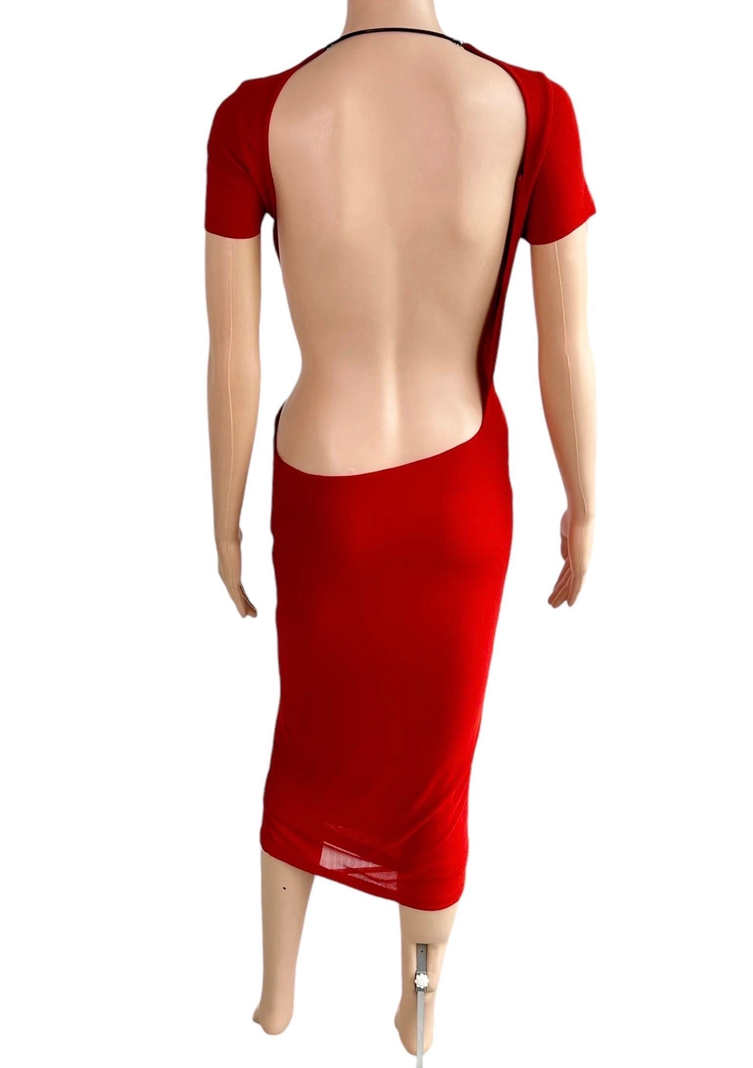 Women's Tom Ford for Gucci S/S 1997 Runway Chain Cutout Backless Sheer Jersey Red Dress