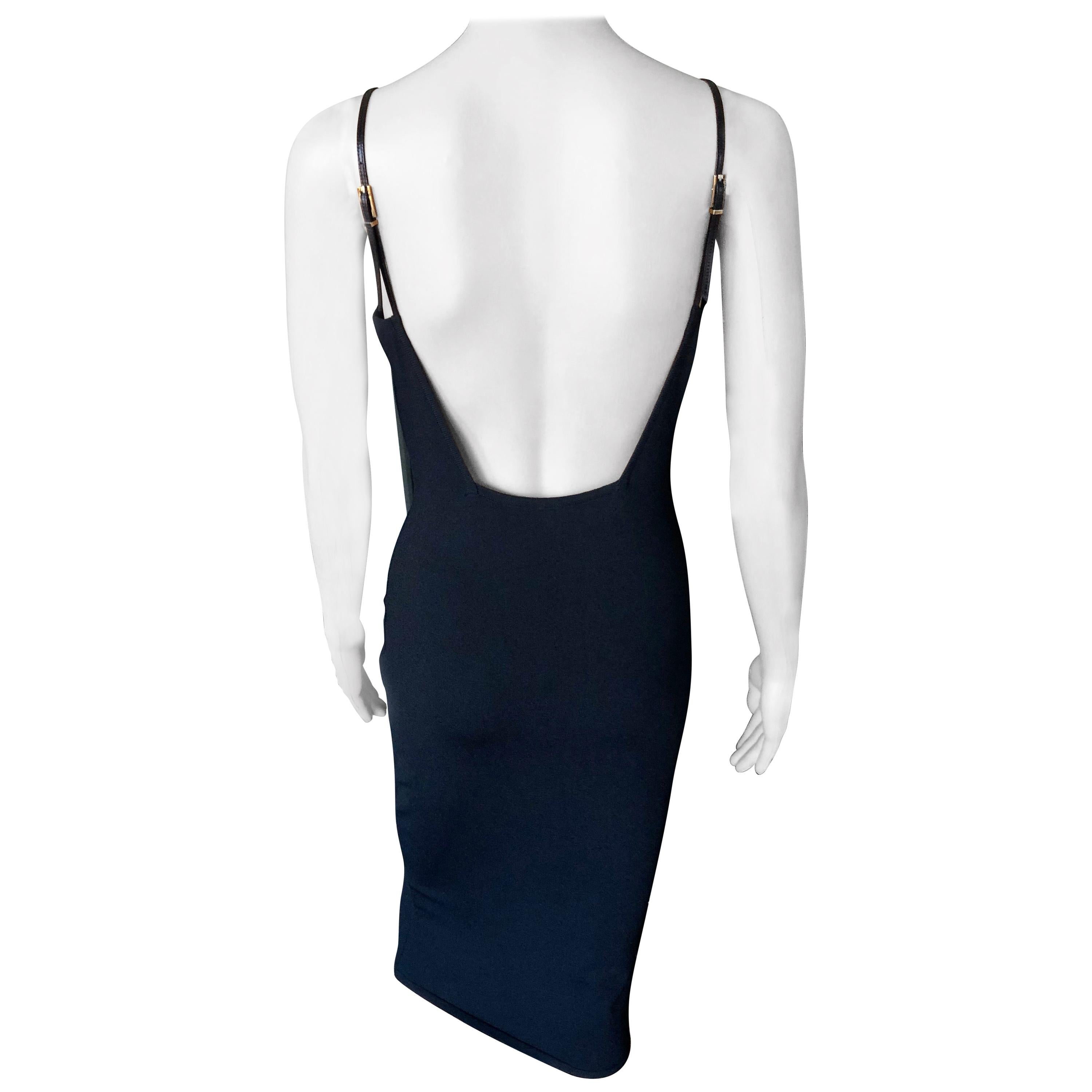 Tom Ford für Gucci S/S 1998 Bodycon Rückenfreies Schwarzes Midikleid mit Schnallenriemen Strick im Angebot