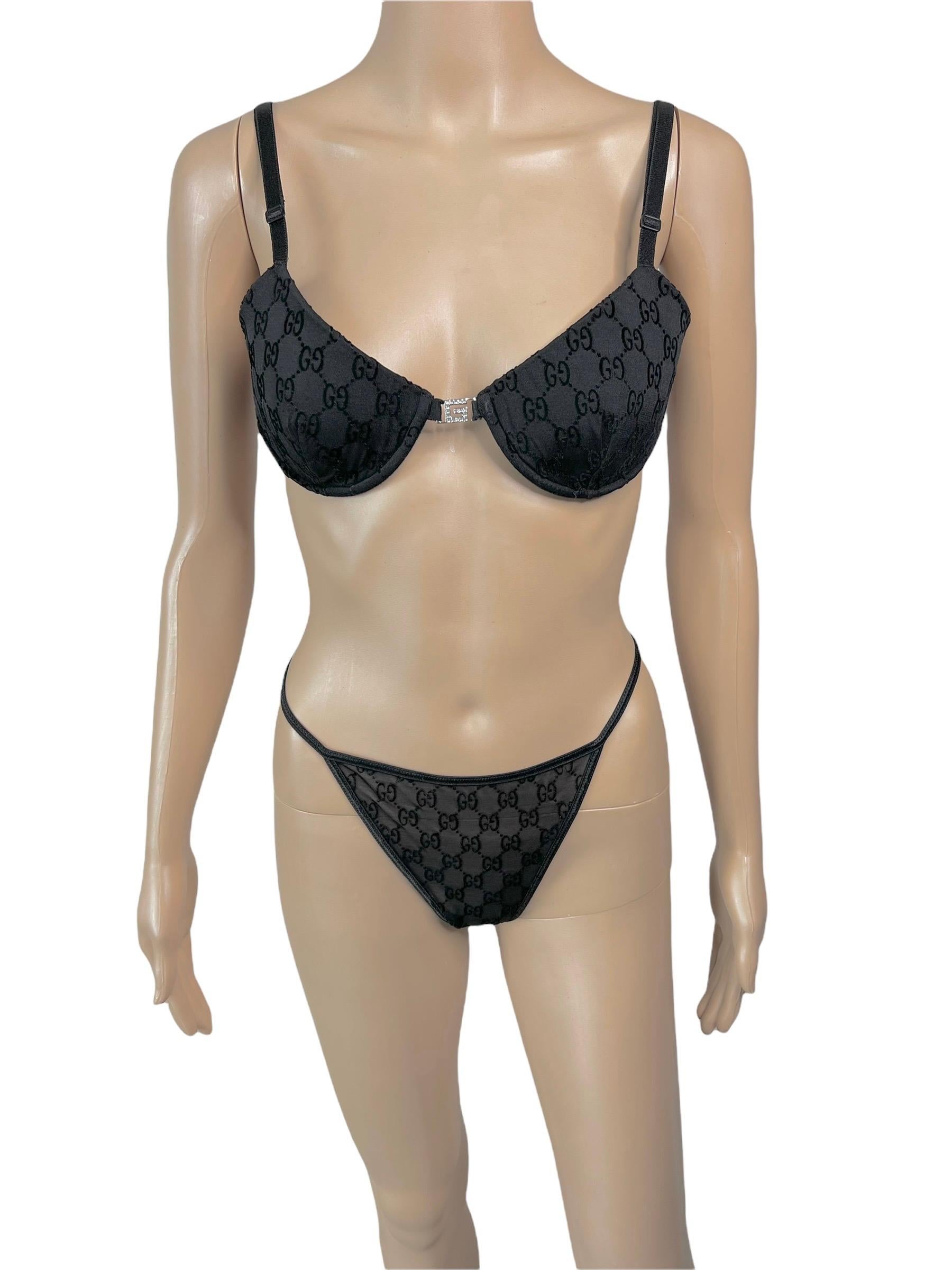 Tom Ford for Gucci S/S 1998 Runway Logo Monogram Bra & Bikini & Sheer Mesh Mini Dress Lingerie 3 Piece Set  

Please note the bra and the dress are size S and the bikini is size M.
