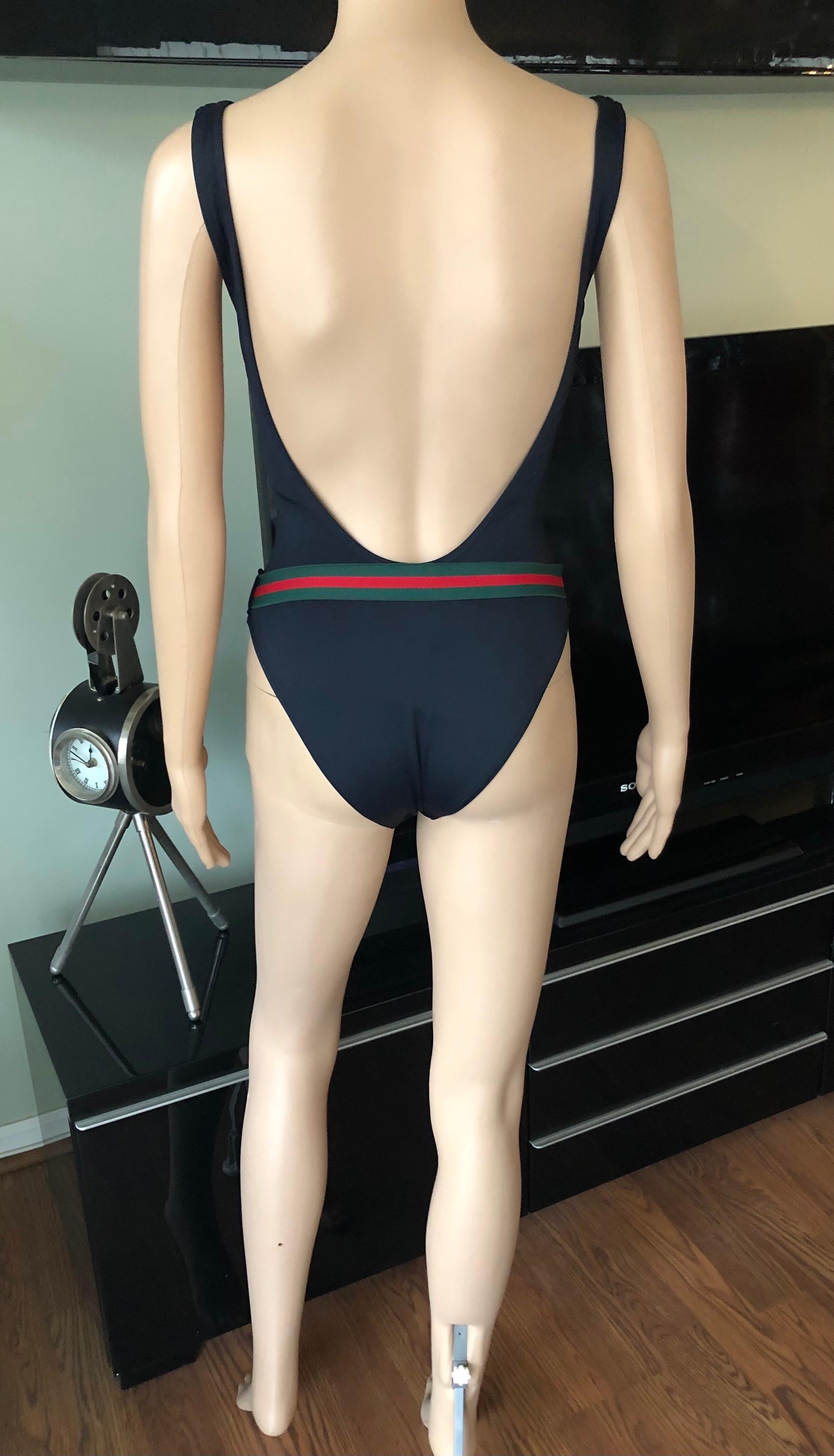 Tom Ford for Gucci S/S 1999 Vintage Logo Belted Backless Black Bodysuit Swimsuit For Sale 3