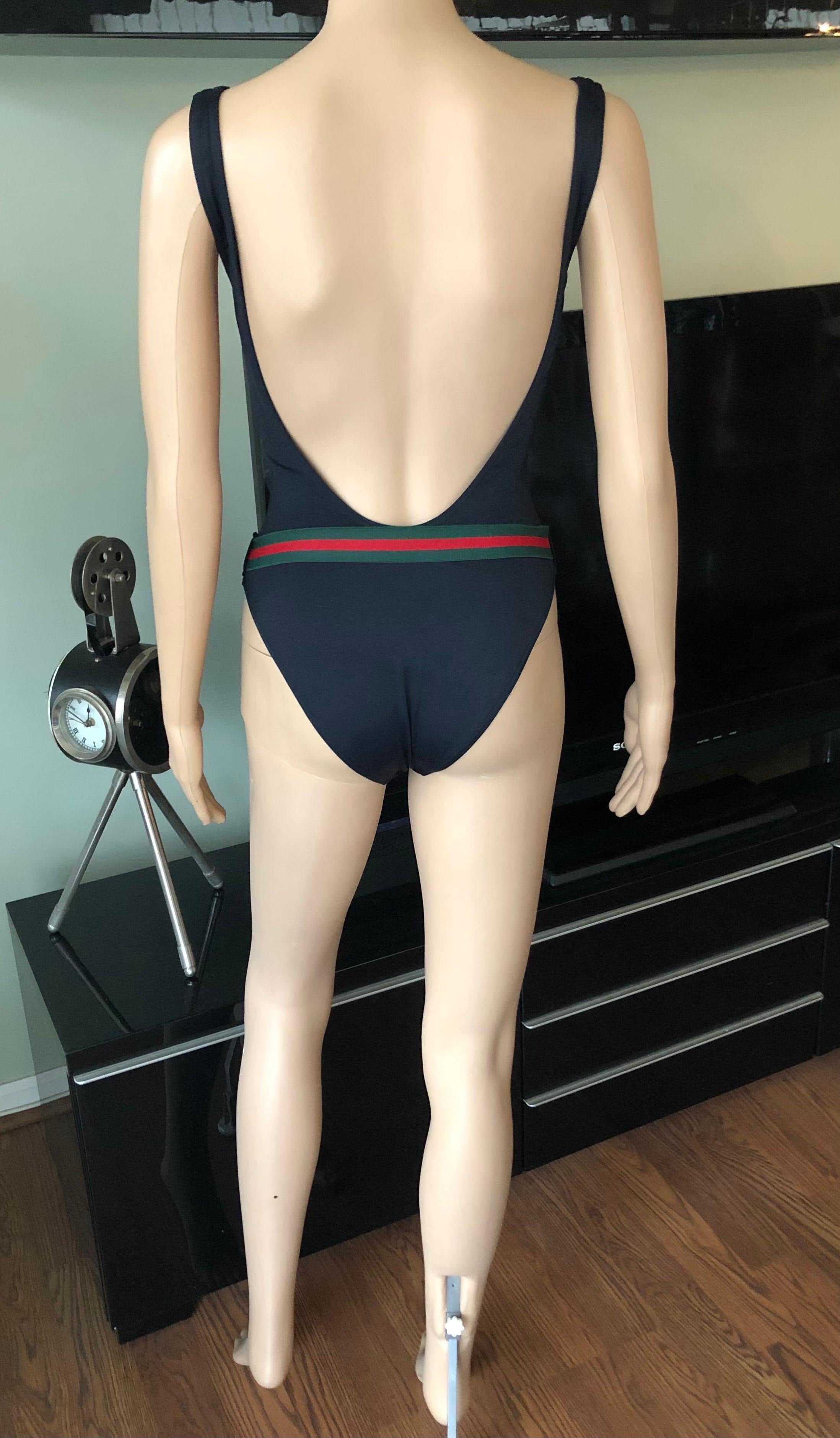 Tom Ford for Gucci S/S 1999 Vintage Logo Belted Backless Black Bodysuit Swimsuit For Sale 4