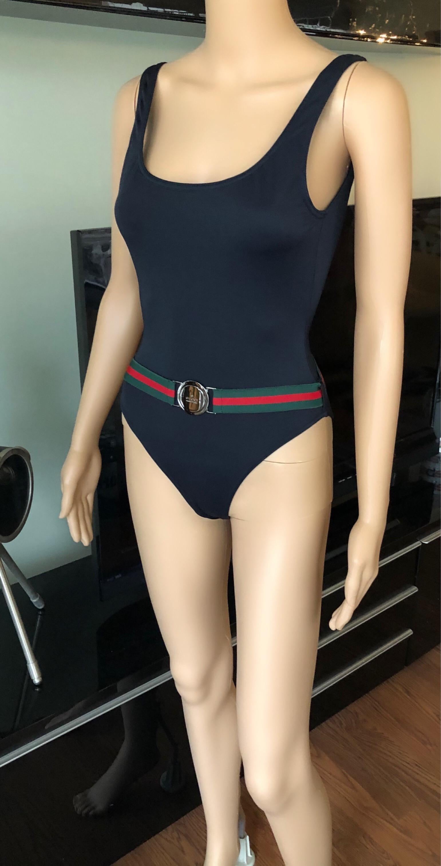 Tom Ford for Gucci S/S 1999 Vintage Logo Belted Backless Black Bodysuit Swimsuit In Excellent Condition For Sale In Naples, FL